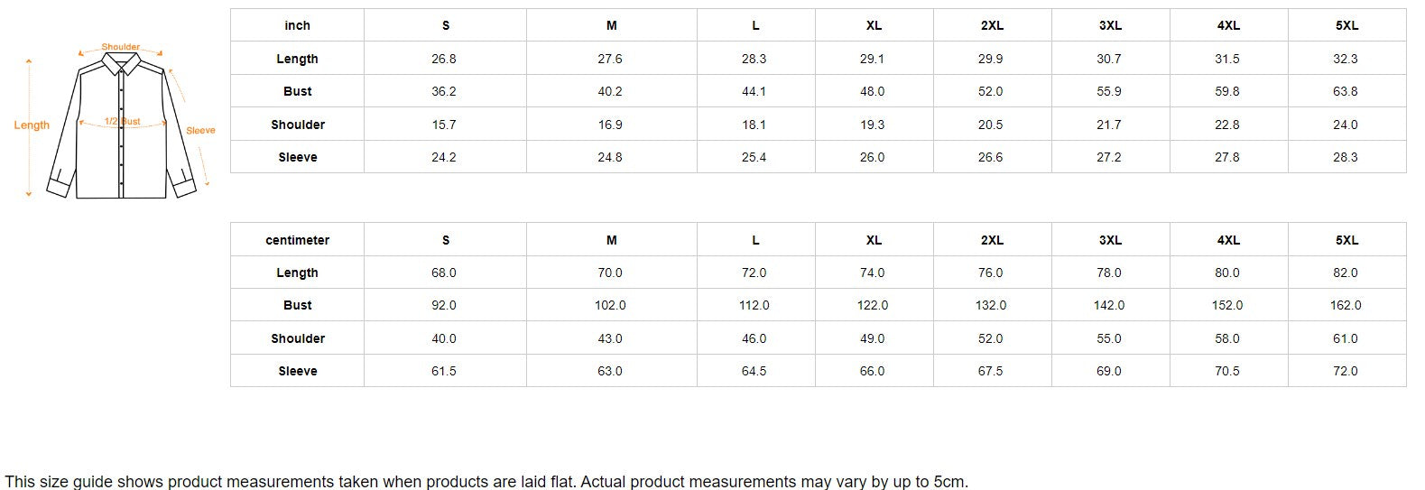 Long-sleeve shirt size chart from S to 5XL with length, bust, shoulder and sleeve measurements in inches and centimeters.