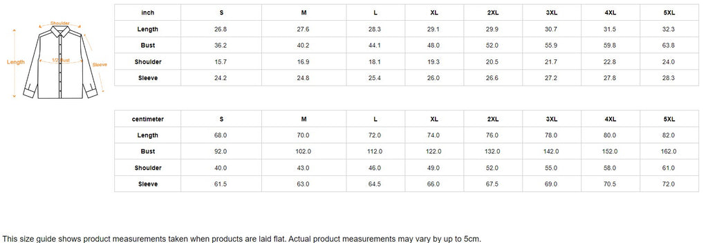Long-sleeve shirt size chart from S to 5XL with length, bust, shoulder and sleeve measurements in inches and centimeters.