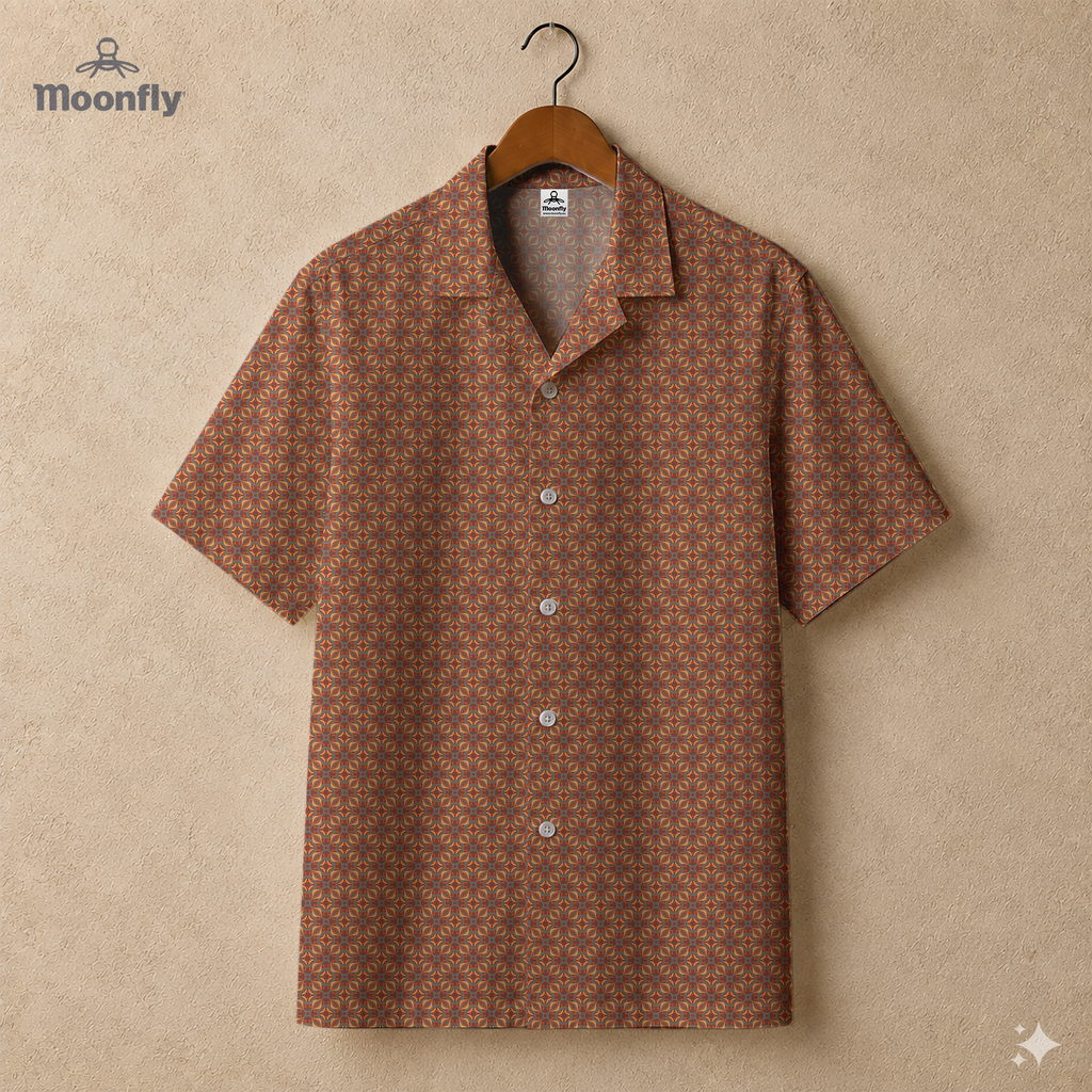 Men’s geometric-pattern cotton Hawaiian short-sleeve button-down shirt in grey, orange and yellow.