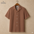 Men’s geometric-pattern cotton Hawaiian short-sleeve button-down shirt in grey, orange and yellow.
