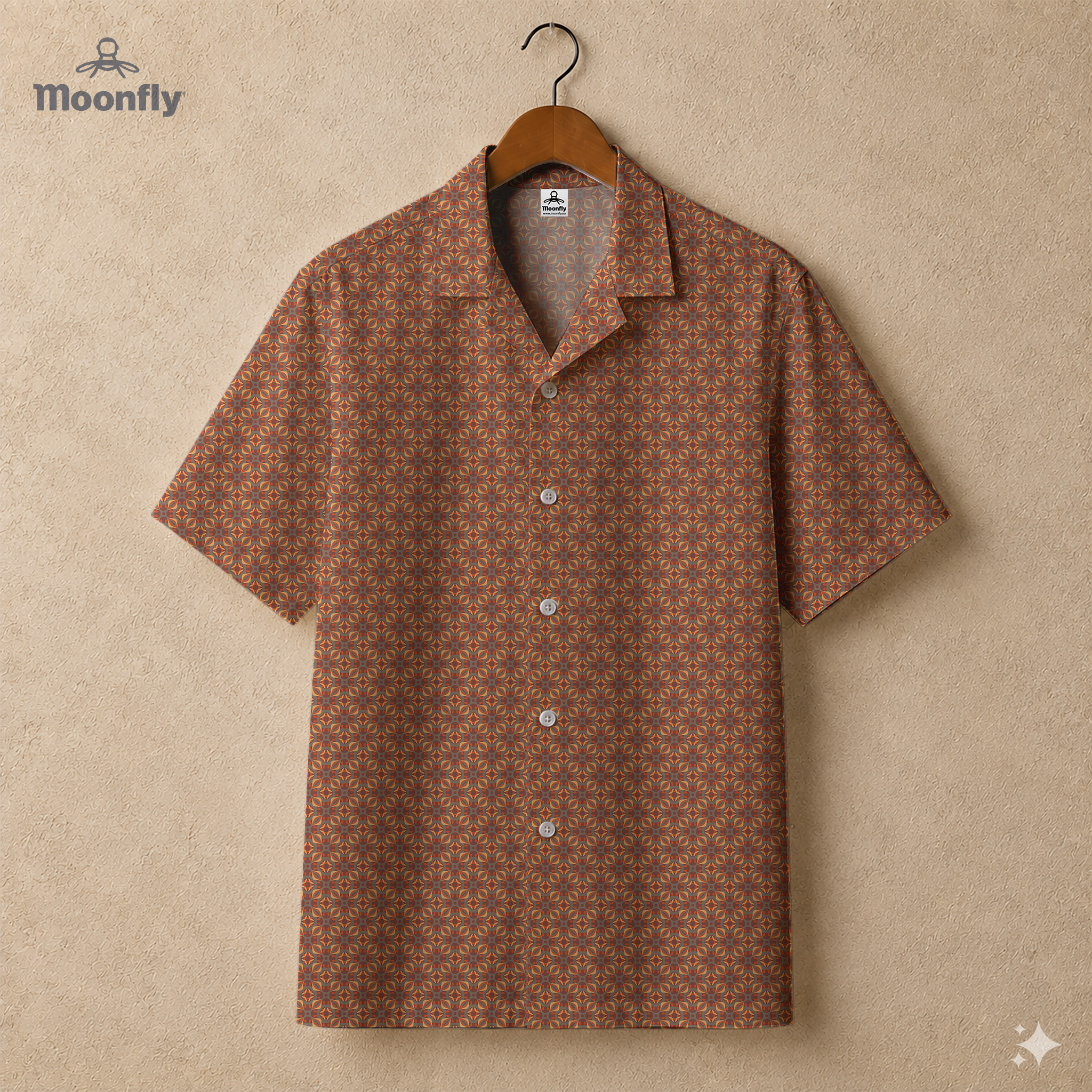 Men’s geometric-pattern cotton Hawaiian short-sleeve button-down shirt in grey, orange and yellow.