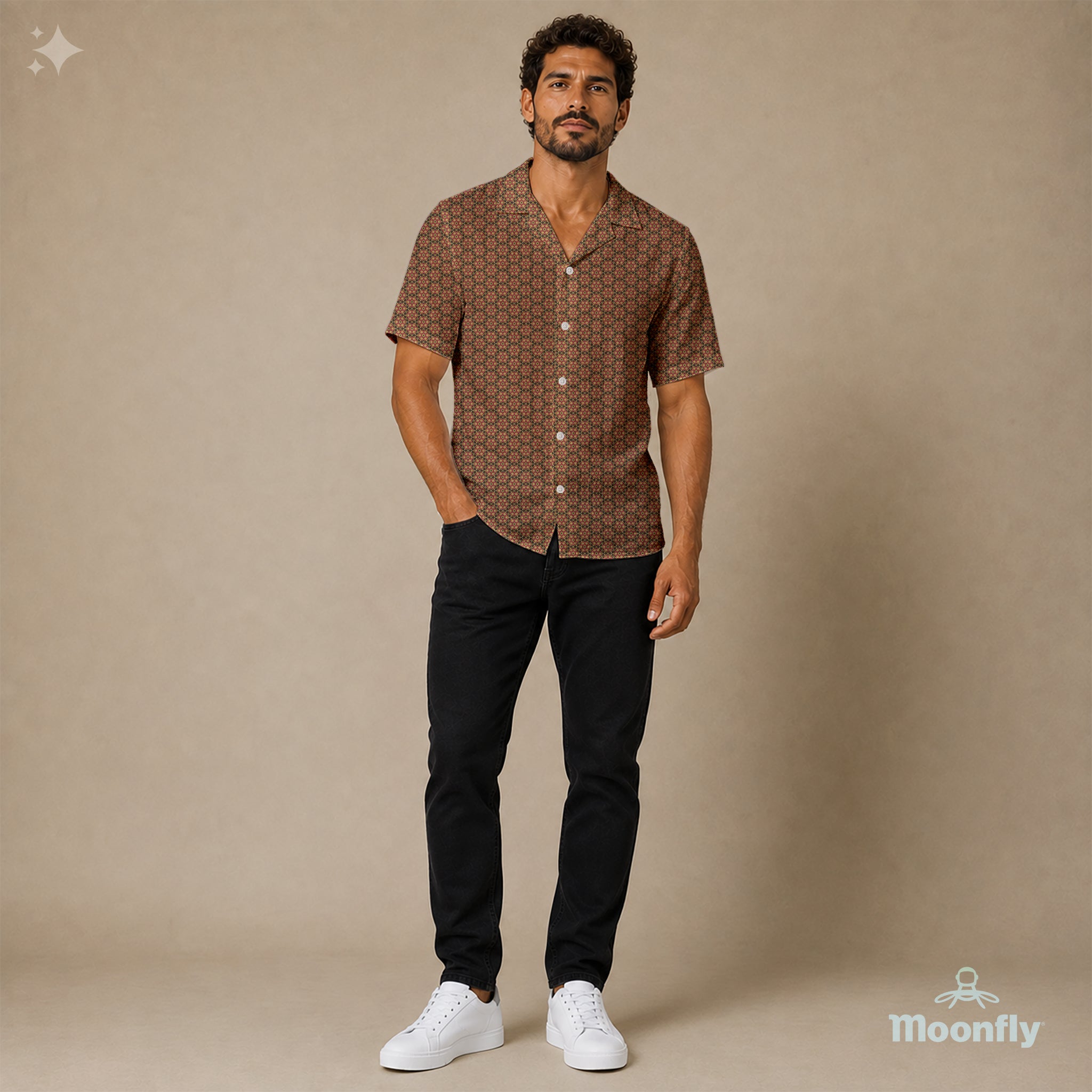 Men’s geometric-pattern cotton Hawaiian short-sleeve button-down shirt in black, gold and pink.