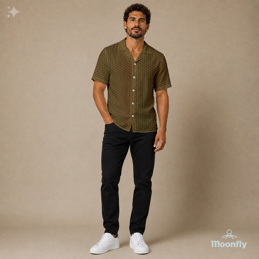 Men’s geometric-pattern cotton Hawaiian short-sleeve button-down shirt in black, brown and yellow.