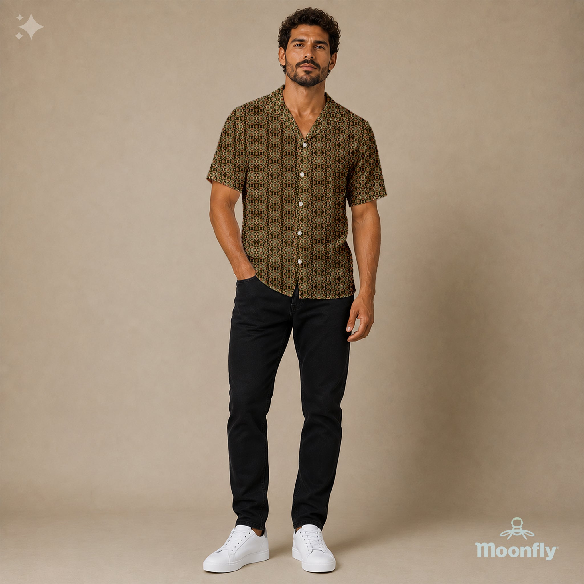Men’s geometric-pattern cotton Hawaiian short-sleeve button-down shirt in black, brown and yellow.