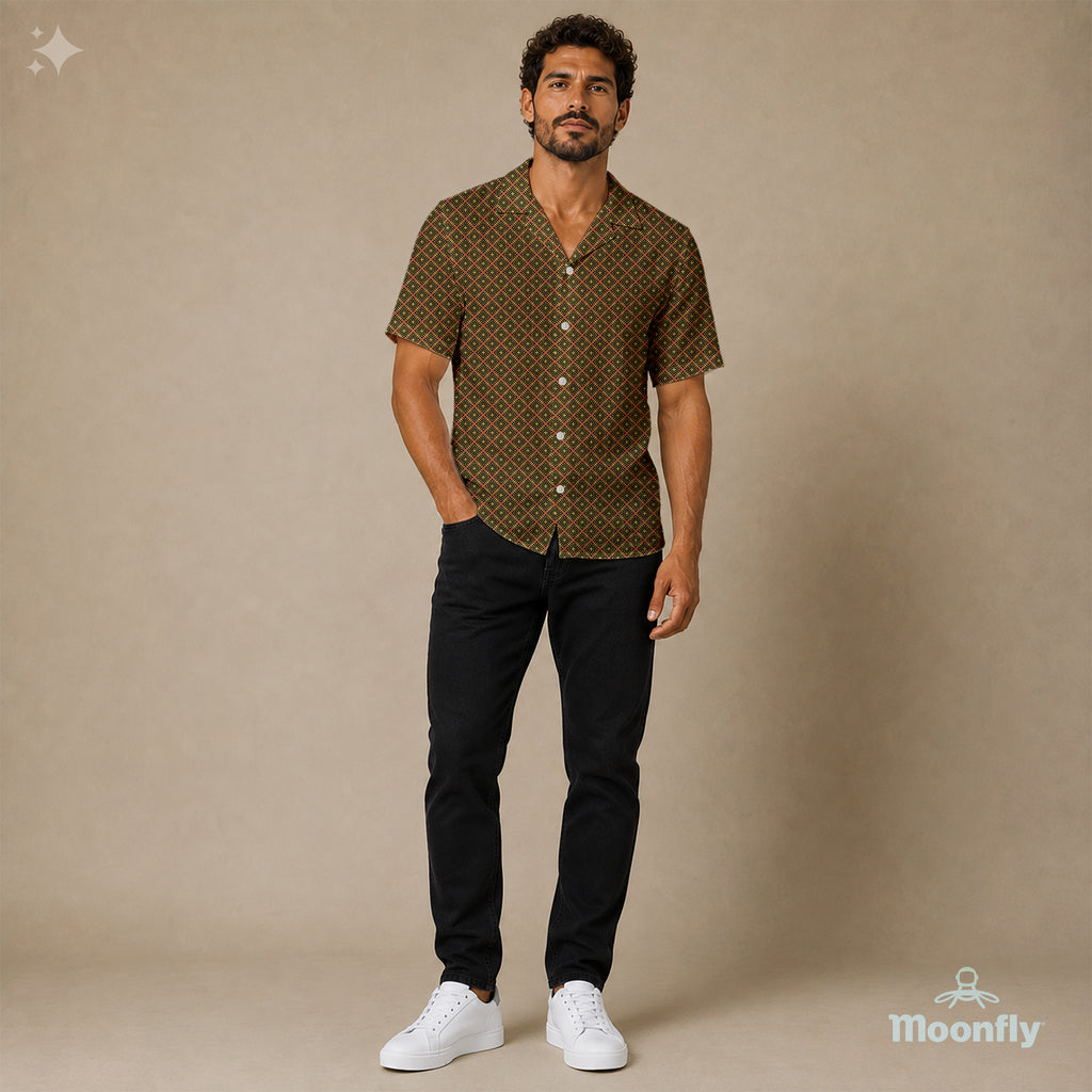Men’s geometric-pattern cotton Hawaiian short-sleeve button-down shirt in black, brown and yellow.