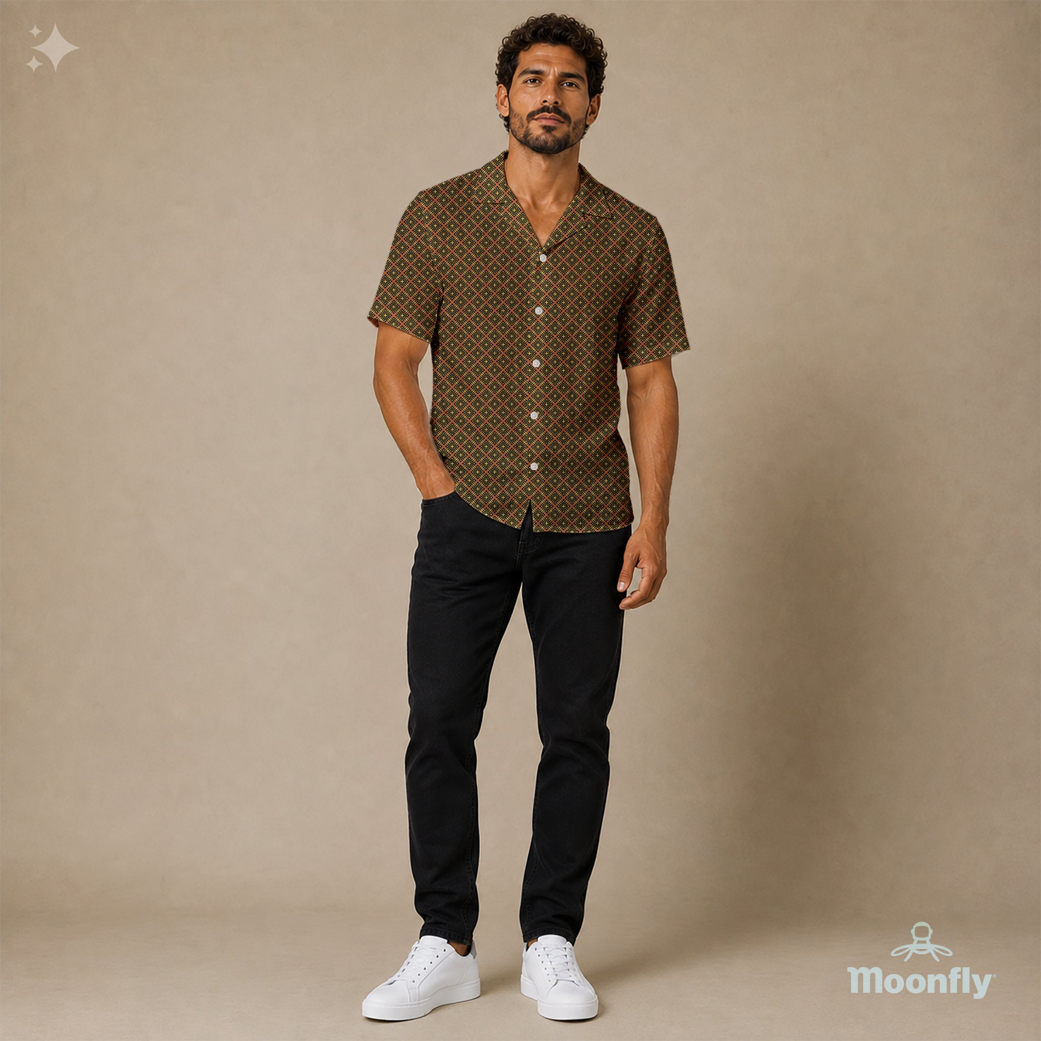 Men’s geometric-pattern cotton Hawaiian short-sleeve button-down shirt in black, brown and yellow.