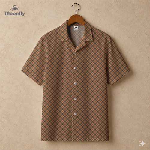 Men’s geometric-pattern cotton Hawaiian short-sleeve button-down shirt in black, light pink and cream.