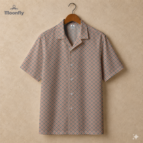 Men’s geometric-pattern cotton Hawaiian short-sleeve button-down shirt in blue, cream and pink.