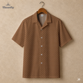 Men’s geometric-pattern cotton Hawaiian short-sleeve button-down shirt in dark brown, light brown and cream.