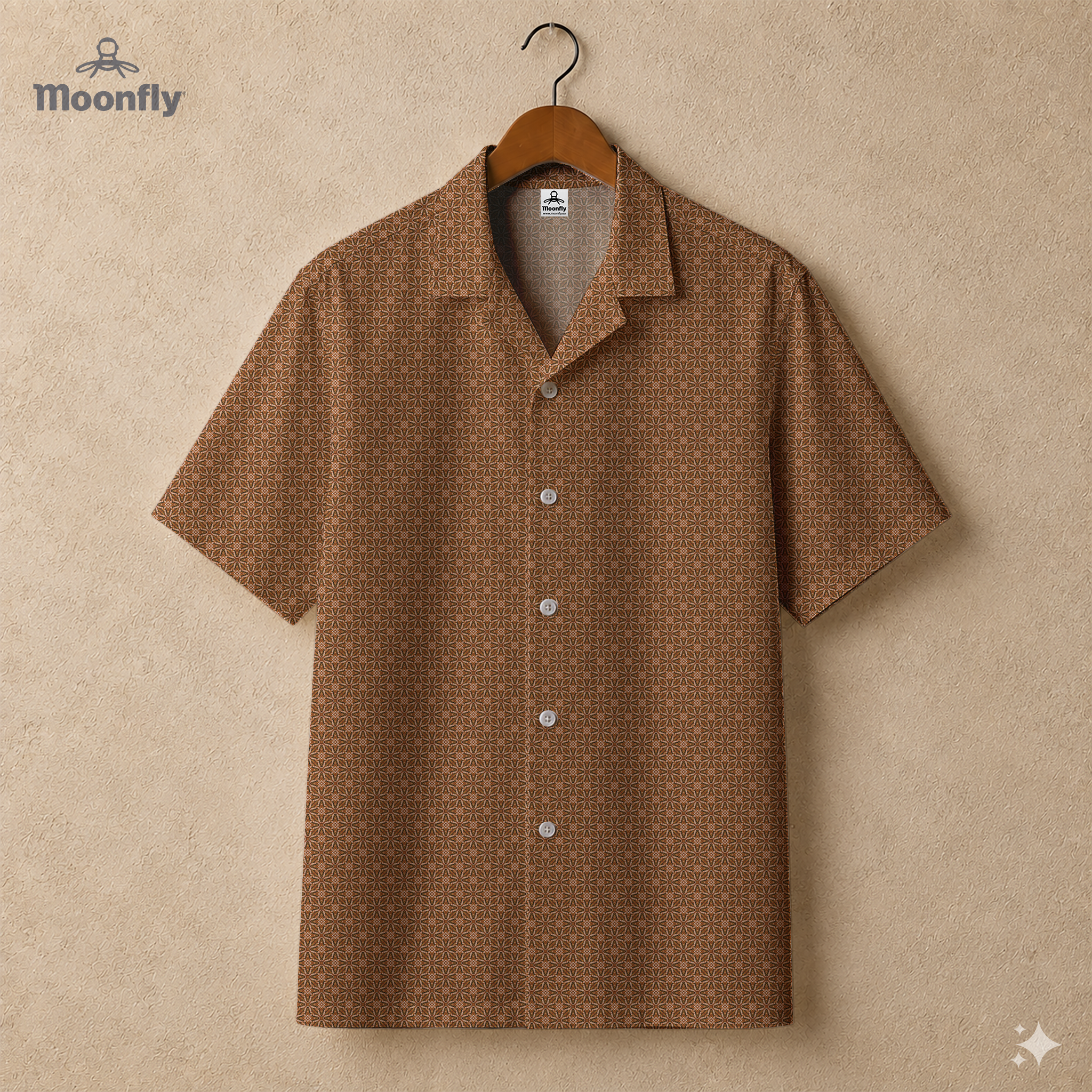 Men’s geometric-pattern cotton Hawaiian short-sleeve button-down shirt in dark brown, light brown and cream.