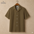 Men’s geometric-pattern cotton Hawaiian short-sleeve button-down shirt in black, brown and yellow.