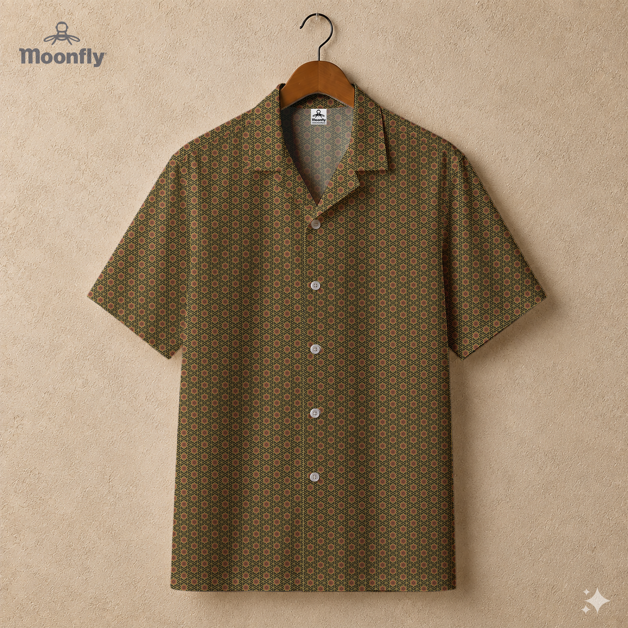 Men’s geometric-pattern cotton Hawaiian short-sleeve button-down shirt in black, brown and yellow.