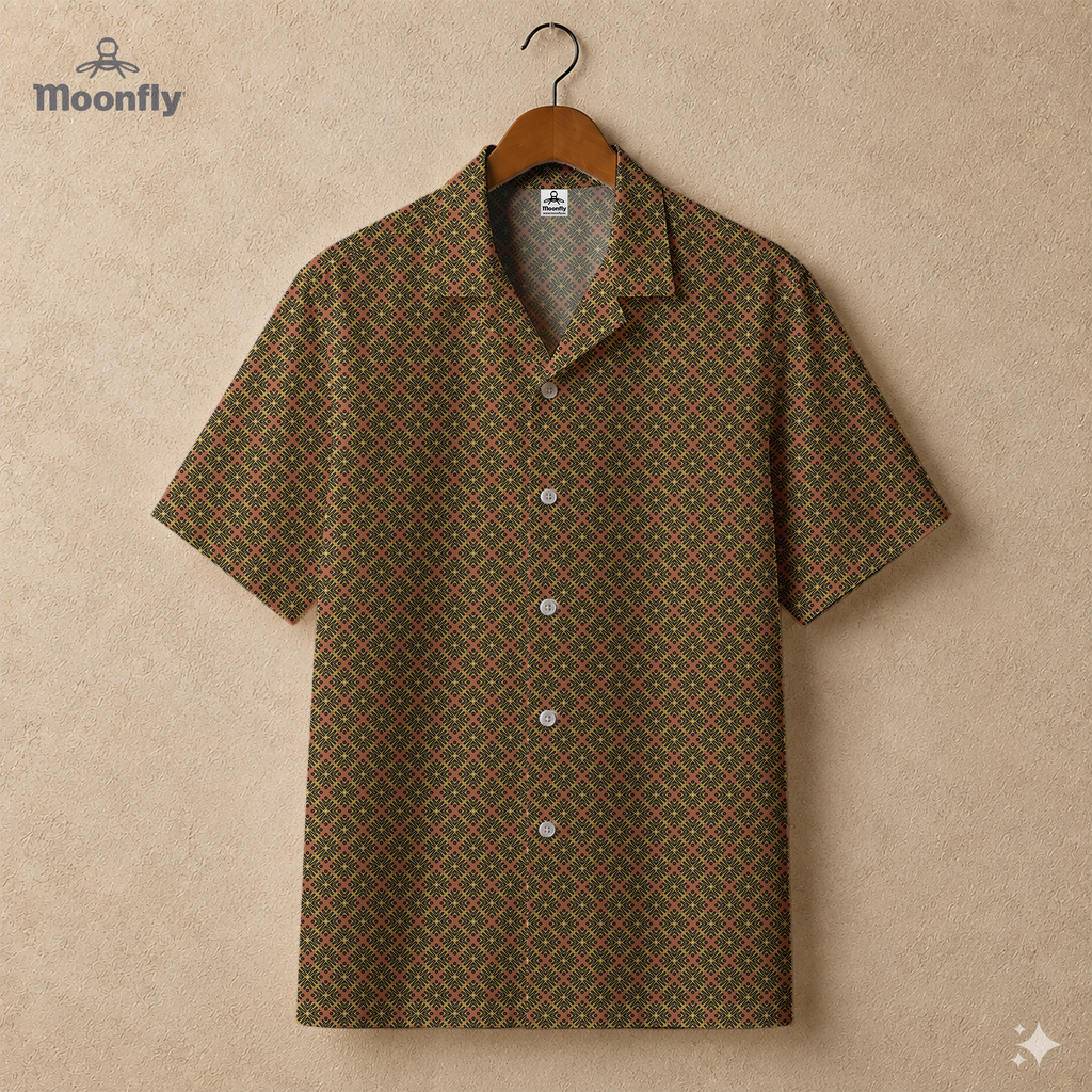 Men’s geometric-pattern cotton Hawaiian short-sleeve button-down shirt in black, brown and yellow.