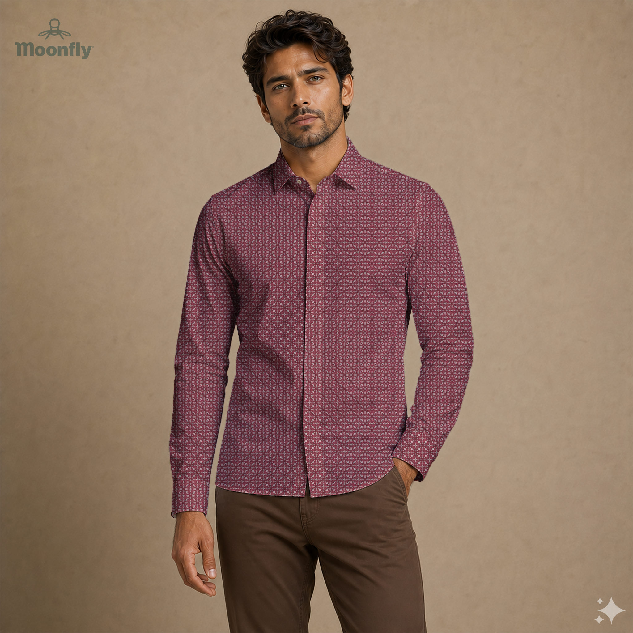 Men’s geometric pink, Bordeaux and cream cotton long sleeve button-down shirt.