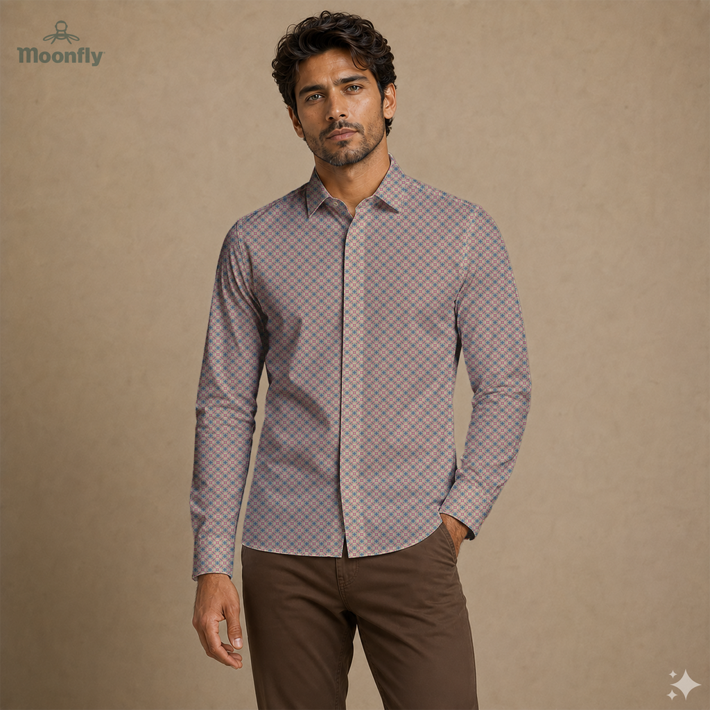 Men’s geometric black, bordeaux, pink and cream cotton long sleeve button-down shirt.