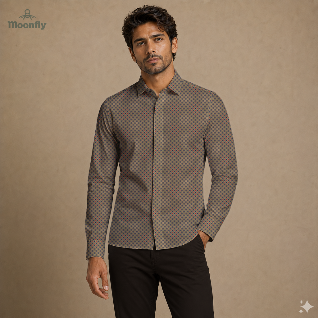 Men’s geometric black, light yellow, blue and dark red cotton long sleeve button-down shirt.