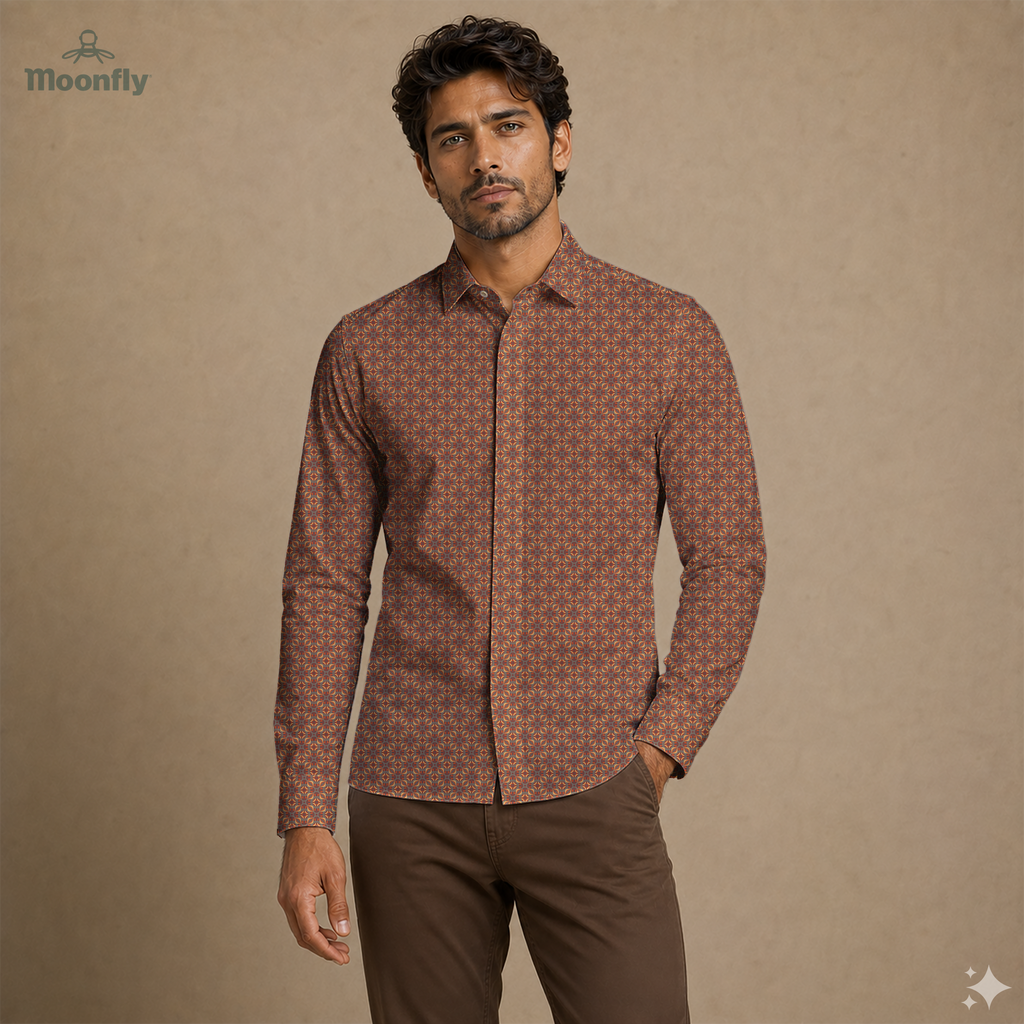 Men’s geometric gray, orange, yellow and dark red cotton long sleeve button-down shirt.
