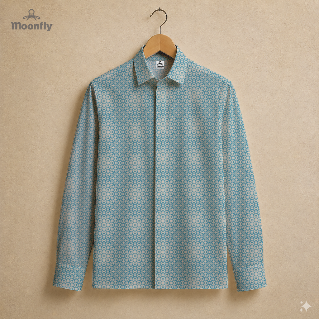 Men’s geometric blue and cream cotton long sleeve button-down shirt.