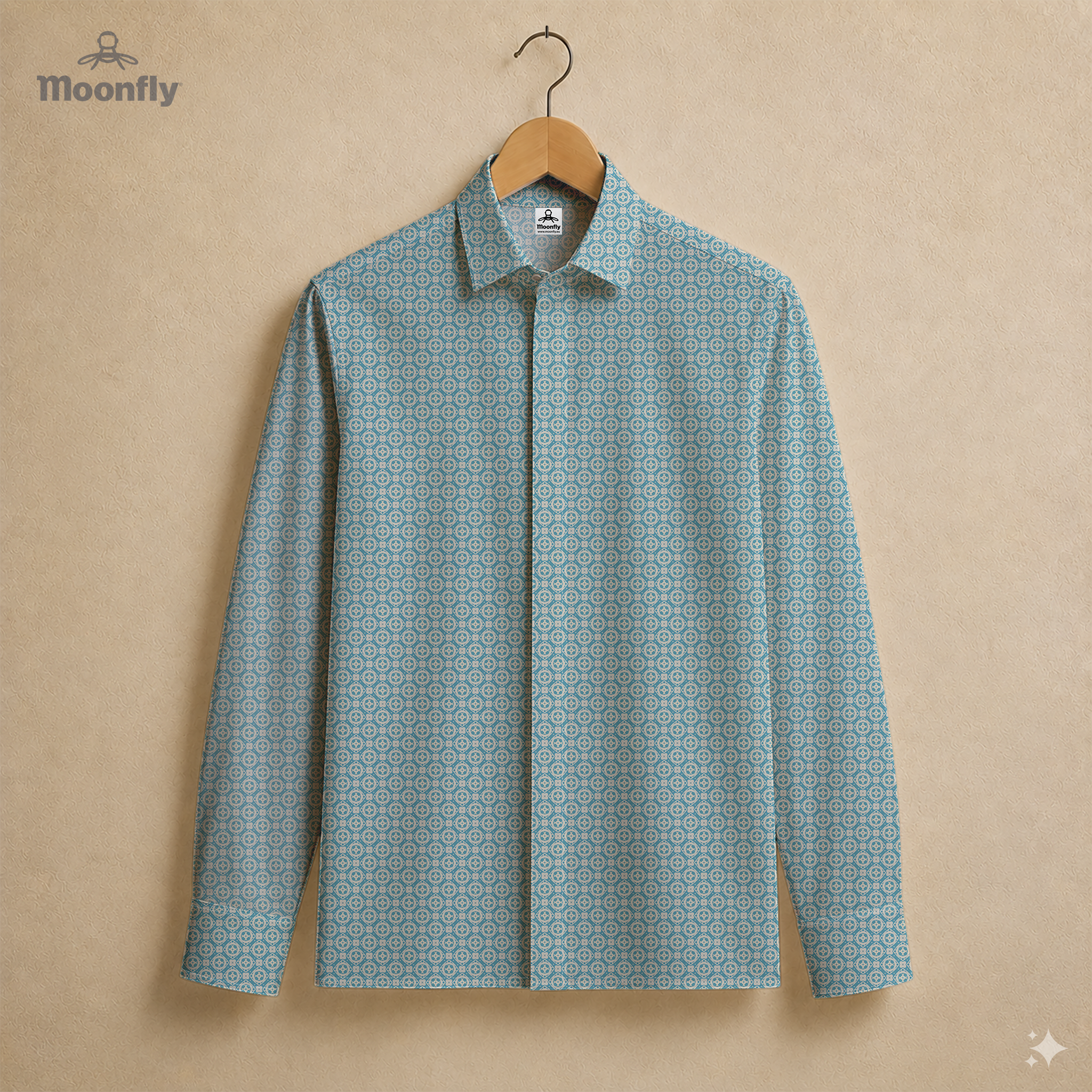 Men’s geometric blue and cream cotton long sleeve button-down shirt.