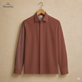 Men’s geometric pink, Bordeaux, orange and cream cotton long sleeve button-down shirt.