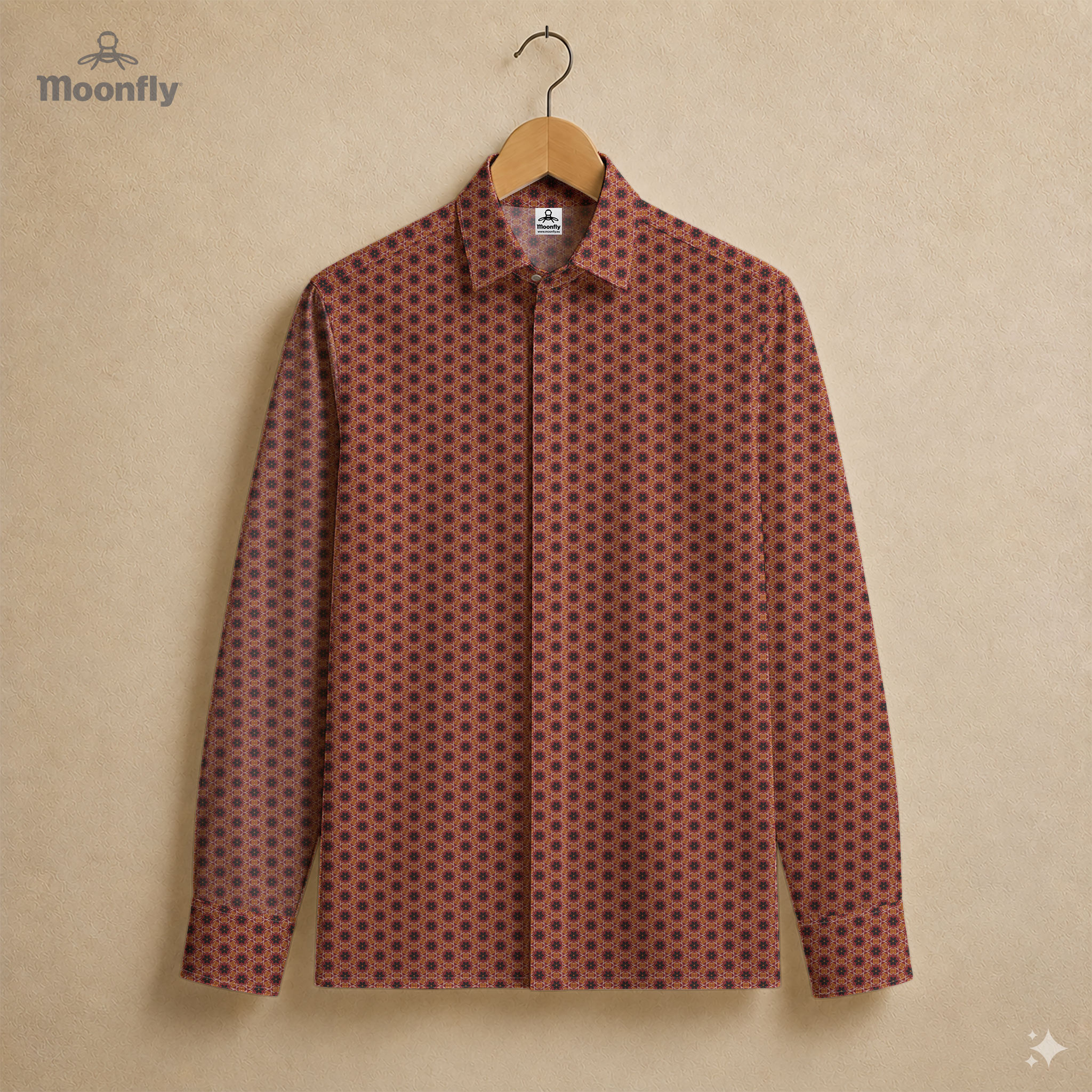 Men’s geometric pink, Bordeaux, orange and cream cotton long sleeve button-down shirt.