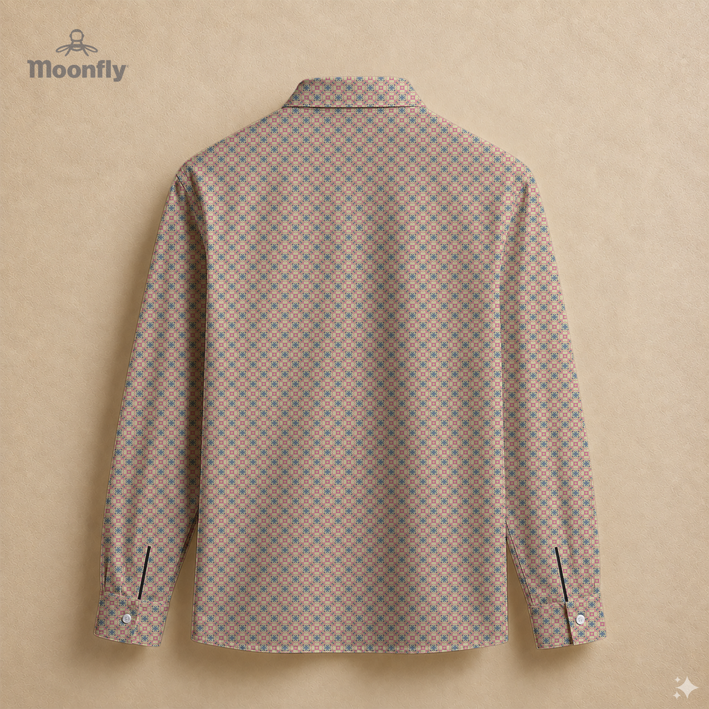 Men’s geometric black, bordeaux, pink and cream cotton long sleeve button-down back shirt.