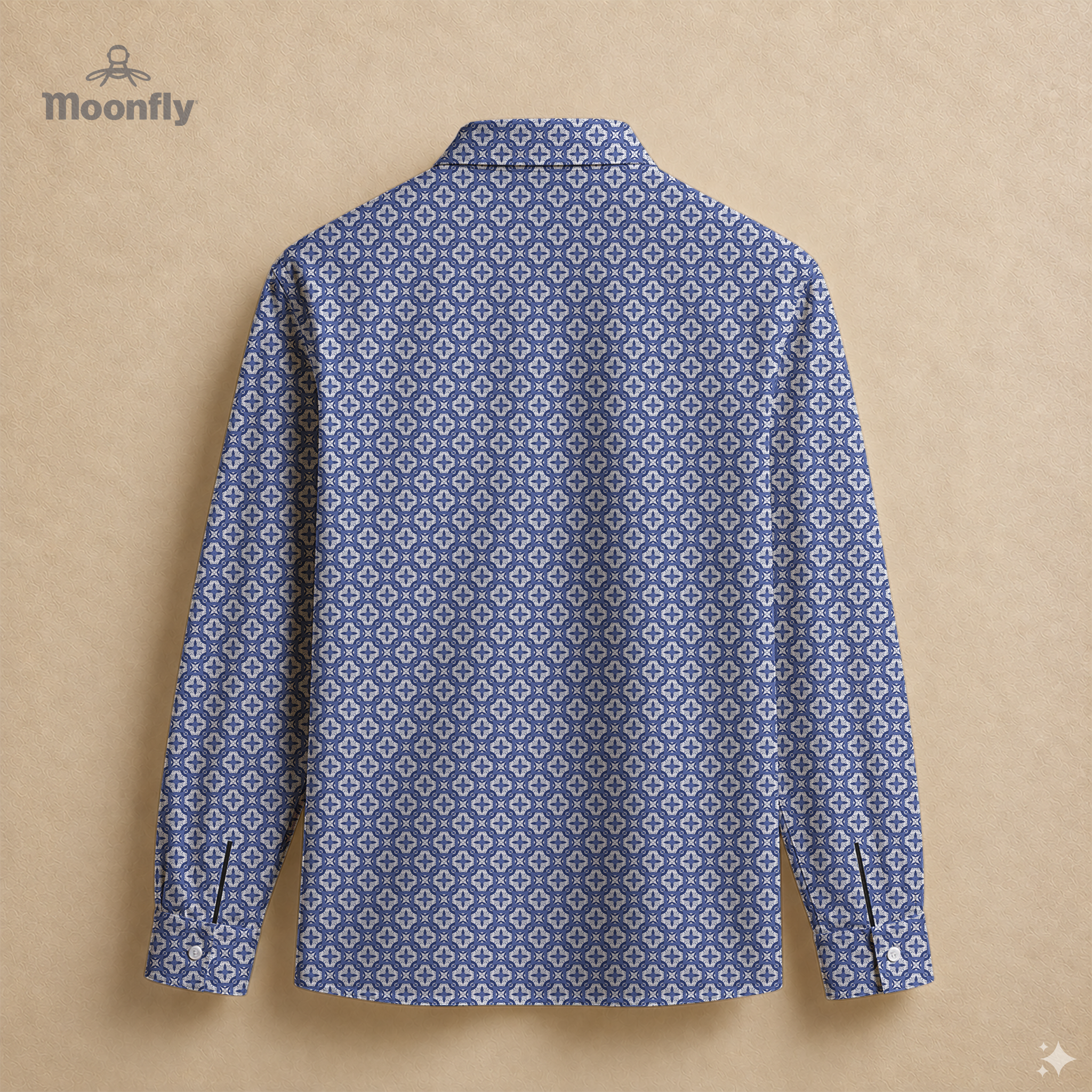 Men’s geometric blue, white and grey cotton long sleeve button-down back shirt.