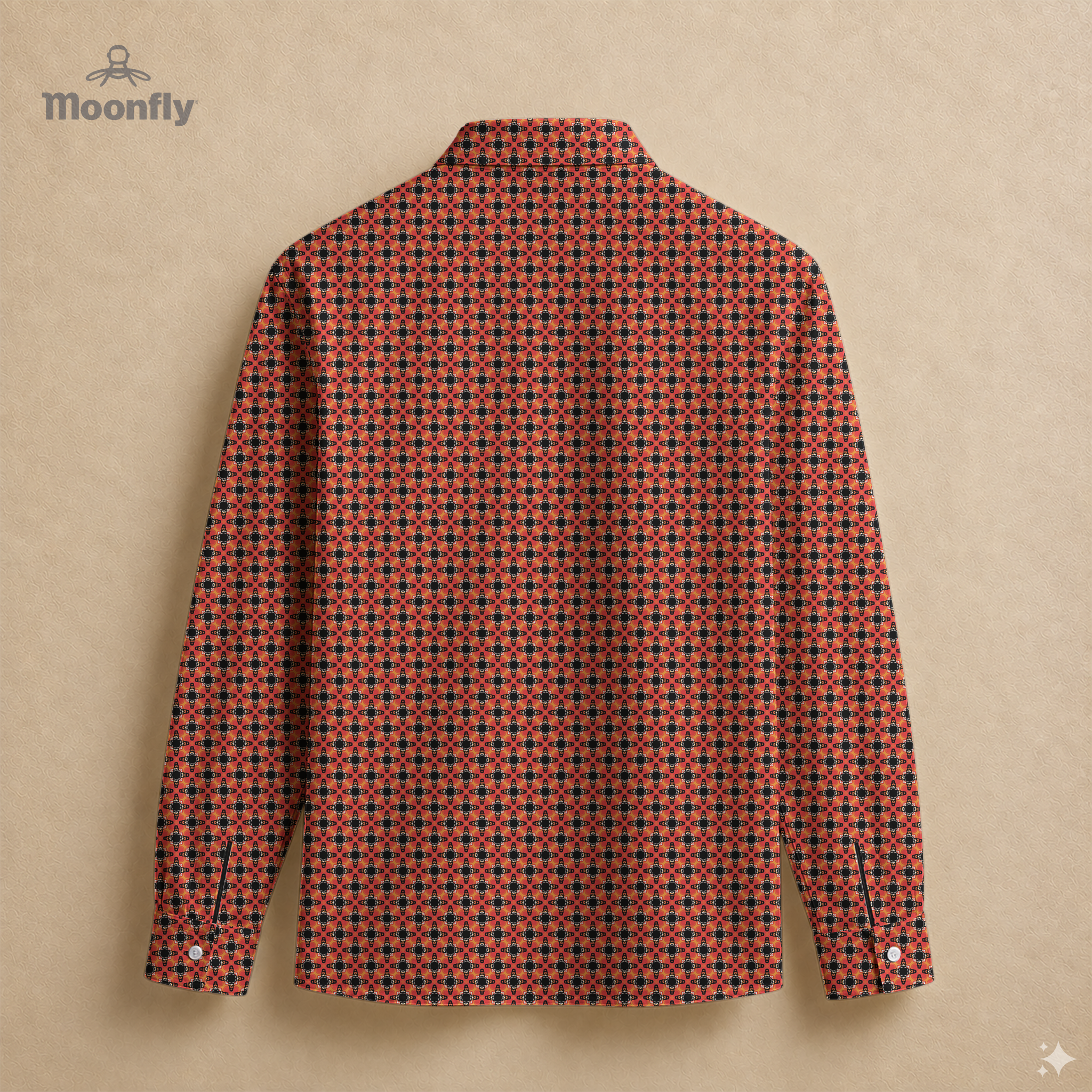 Men’s geometric black, orange and red cotton long sleeve button-down back shirt.