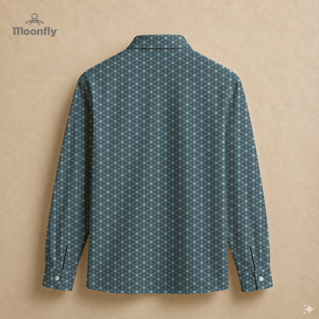 Men’s geometric black, brown, cream and blue cotton long sleeve button-down back shirt.