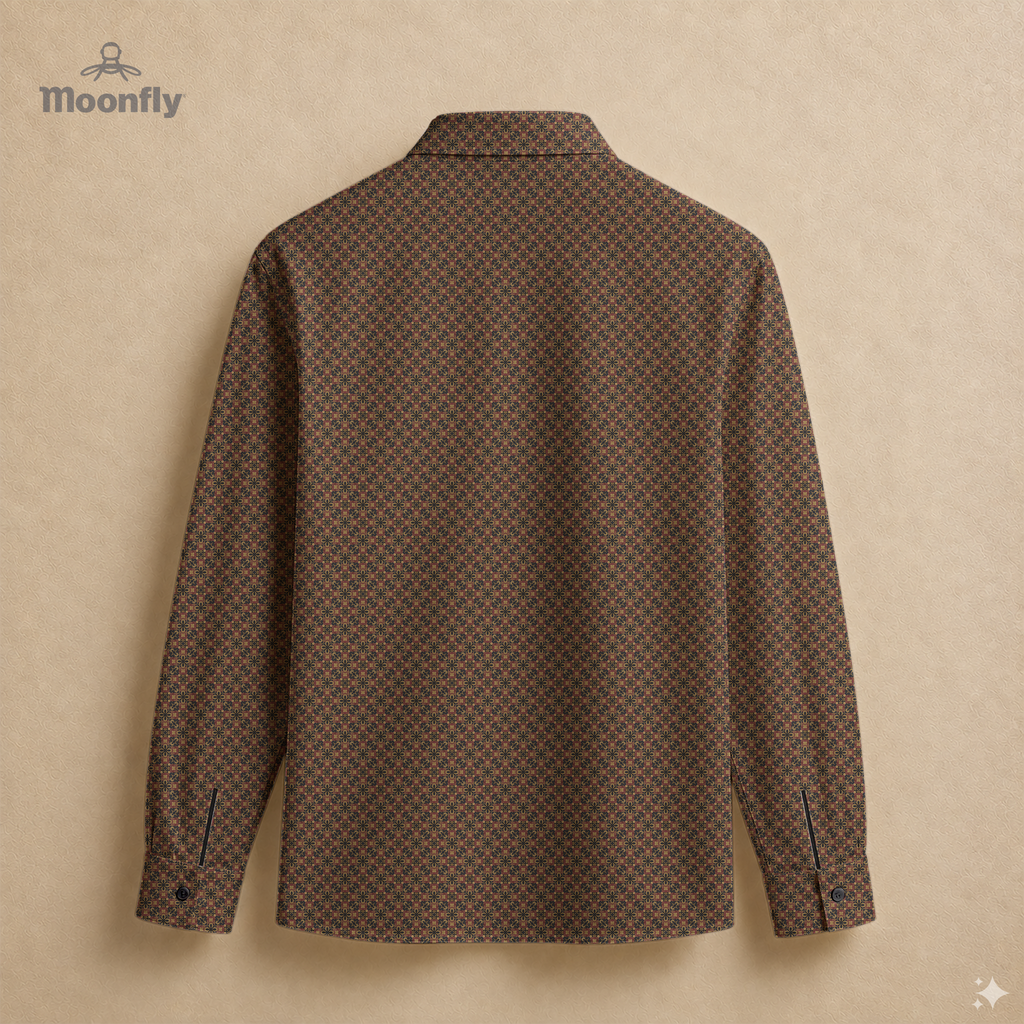Men’s geometric black, brown, cream and gold cotton long sleeve button-down back shirt.