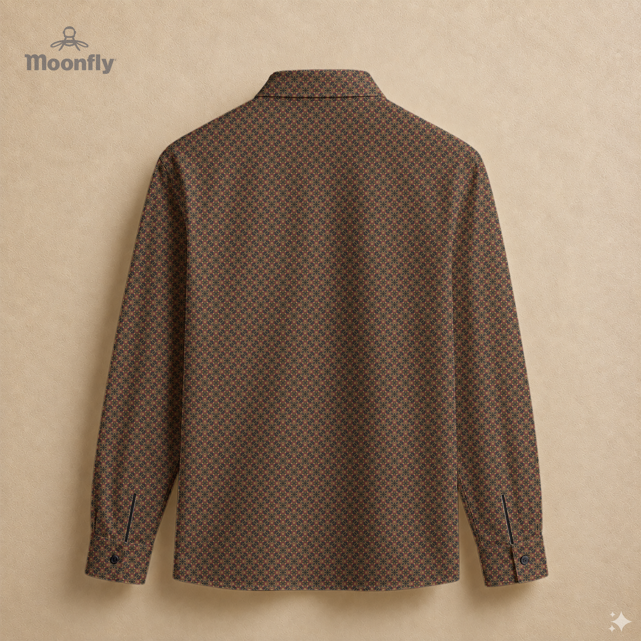 Men’s geometric black, brown, cream and gold cotton long sleeve button-down back shirt.