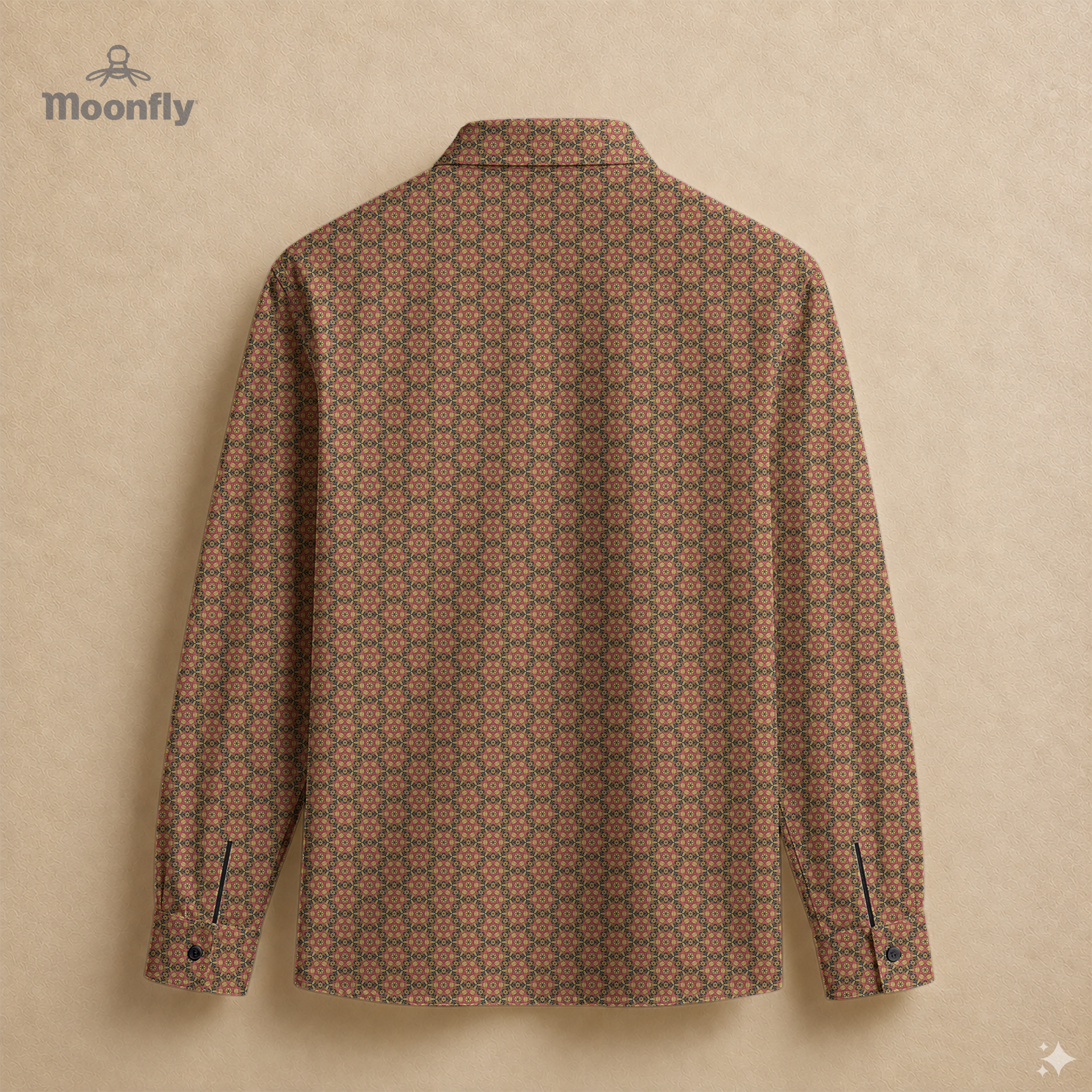 Men’s geometric black, gold and pink cotton long sleeve button-down back shirt.