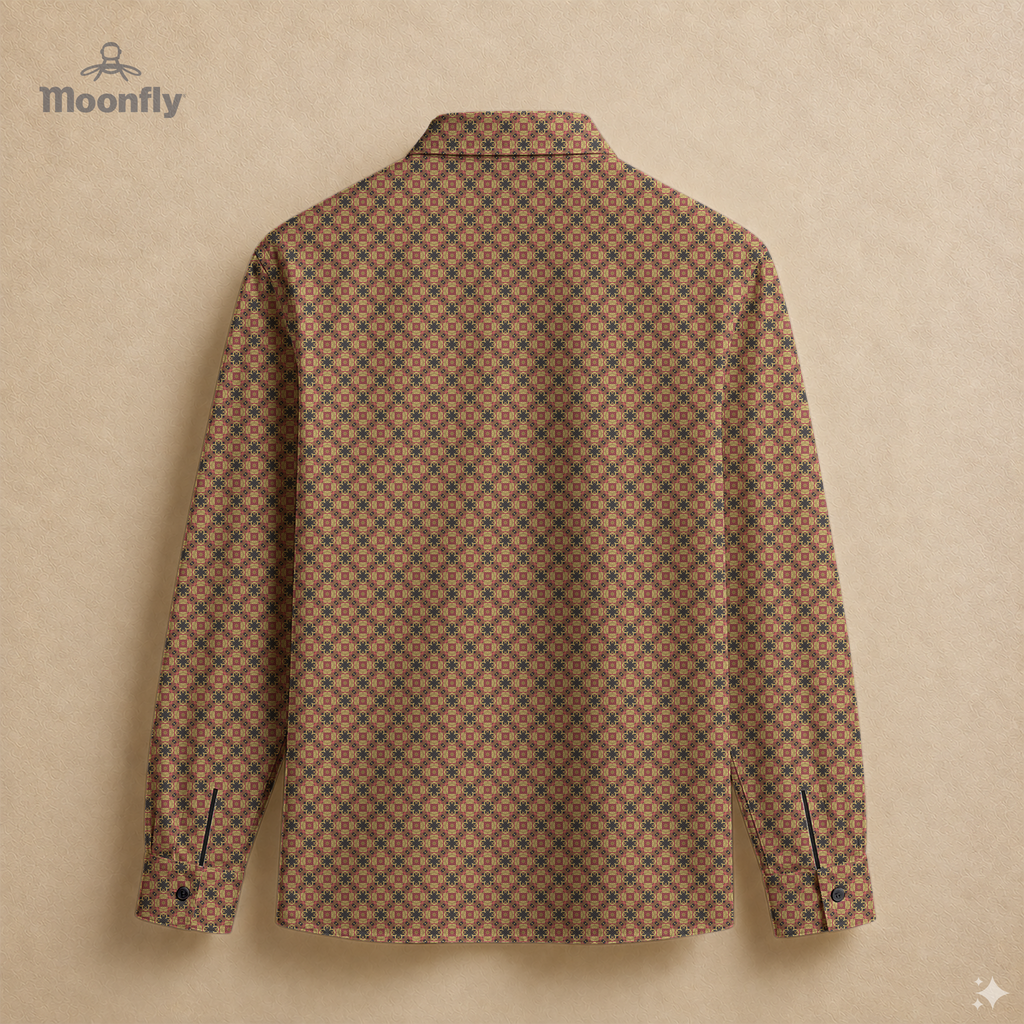 Men’s geometric black, brown, cream and dark gold cotton long sleeve button-down back shirt.