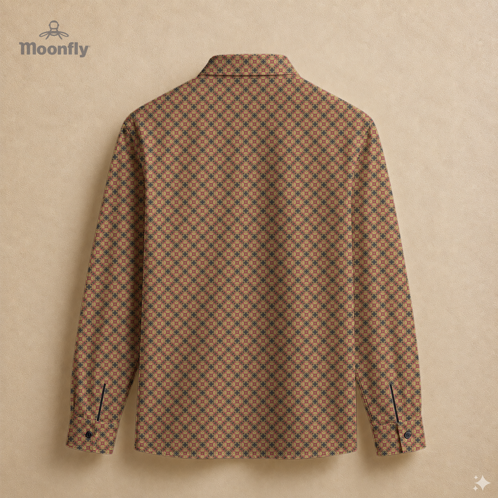 Men’s geometric black, brown, cream and dark gold cotton long sleeve button-down back shirt.