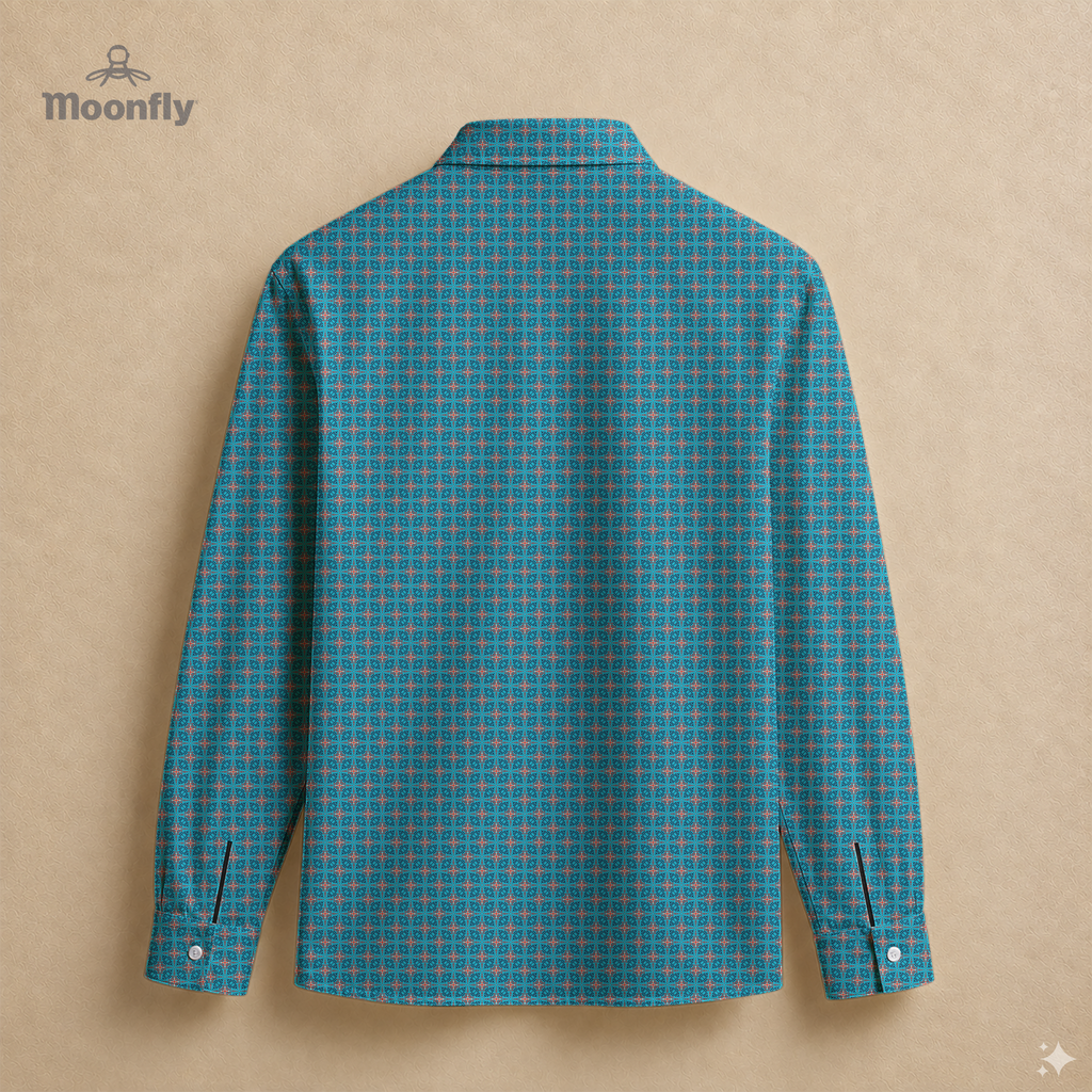 Men’s geometric blue, dark blue, cream and red cotton long sleeve button-down back shirt.