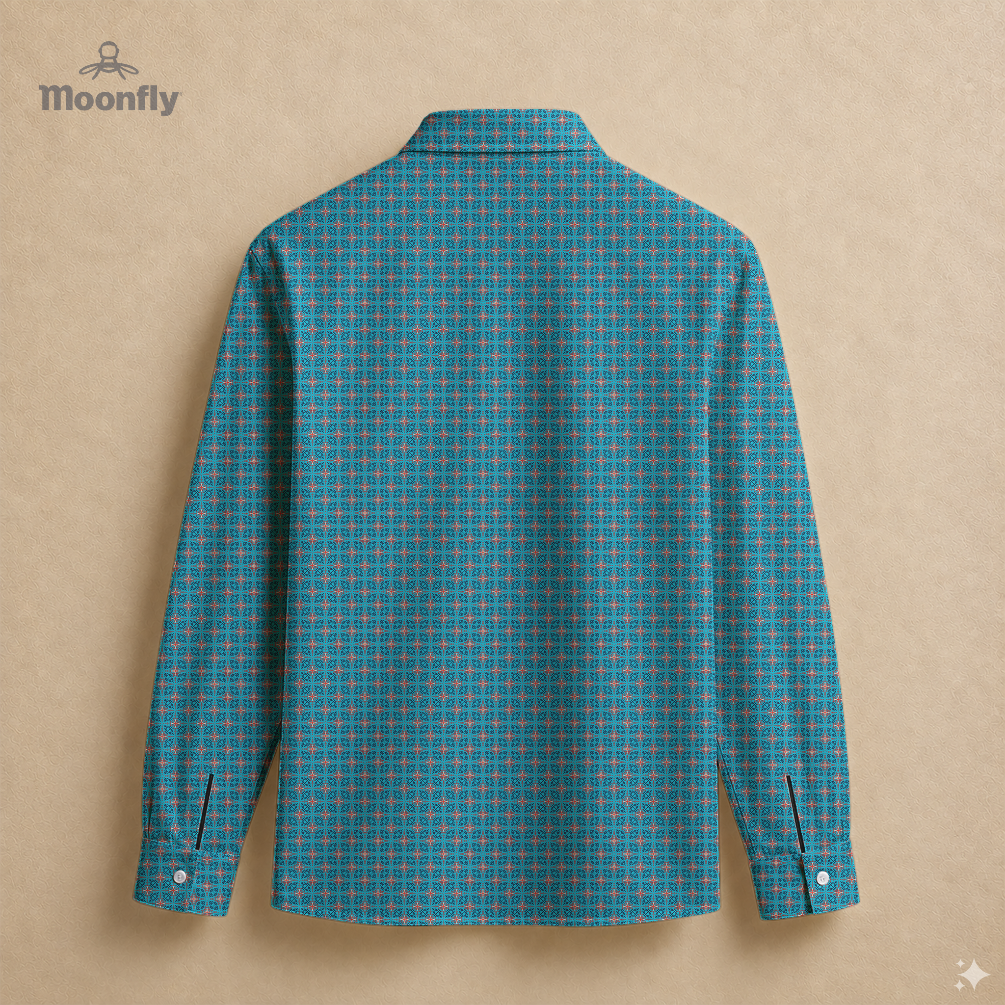 Men’s geometric blue, dark blue, cream and red cotton long sleeve button-down back shirt.