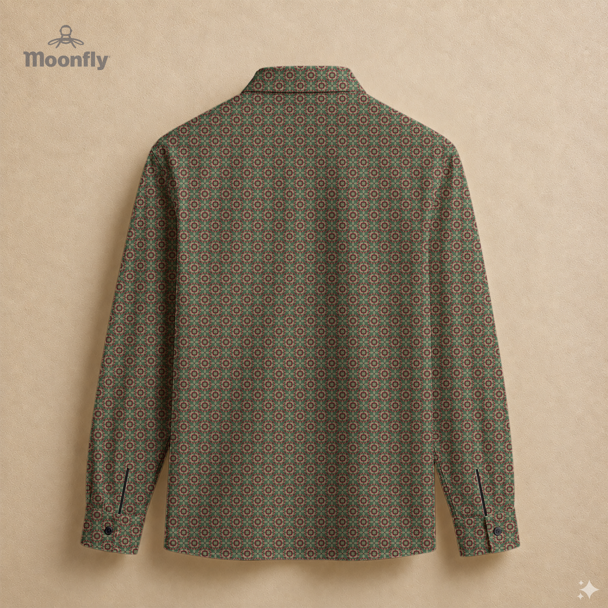 Men’s geometric pink, bordeaux, green and cream cotton long sleeve button-down back shirt.
