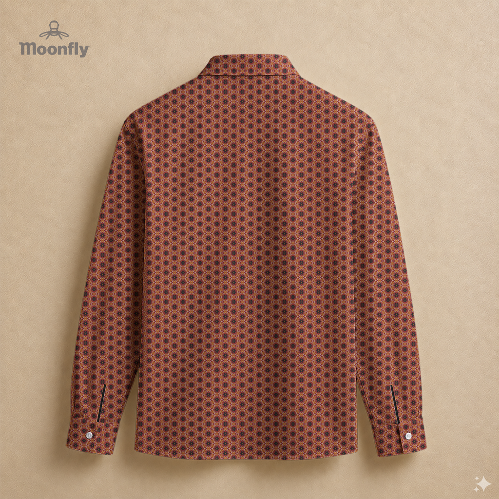 Men’s geometric pink, bordeaux, orange and cream cotton long sleeve button-down back shirt.