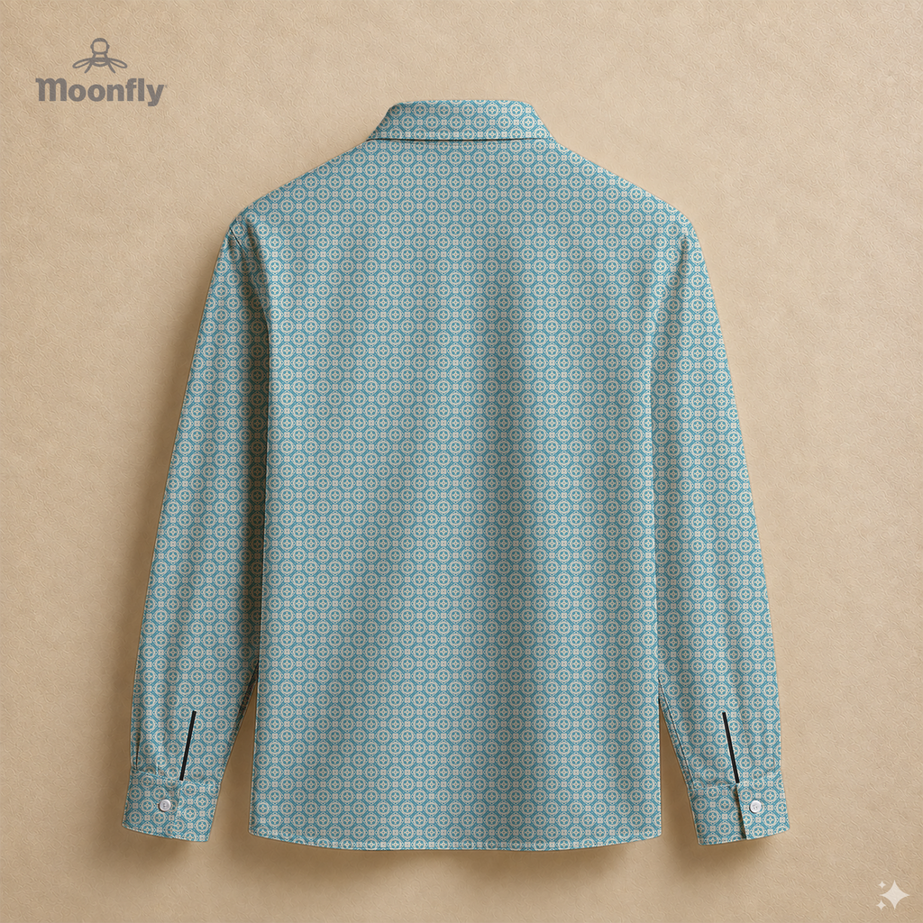Men’s geometric blue and cream cotton long sleeve button-down back shirt.