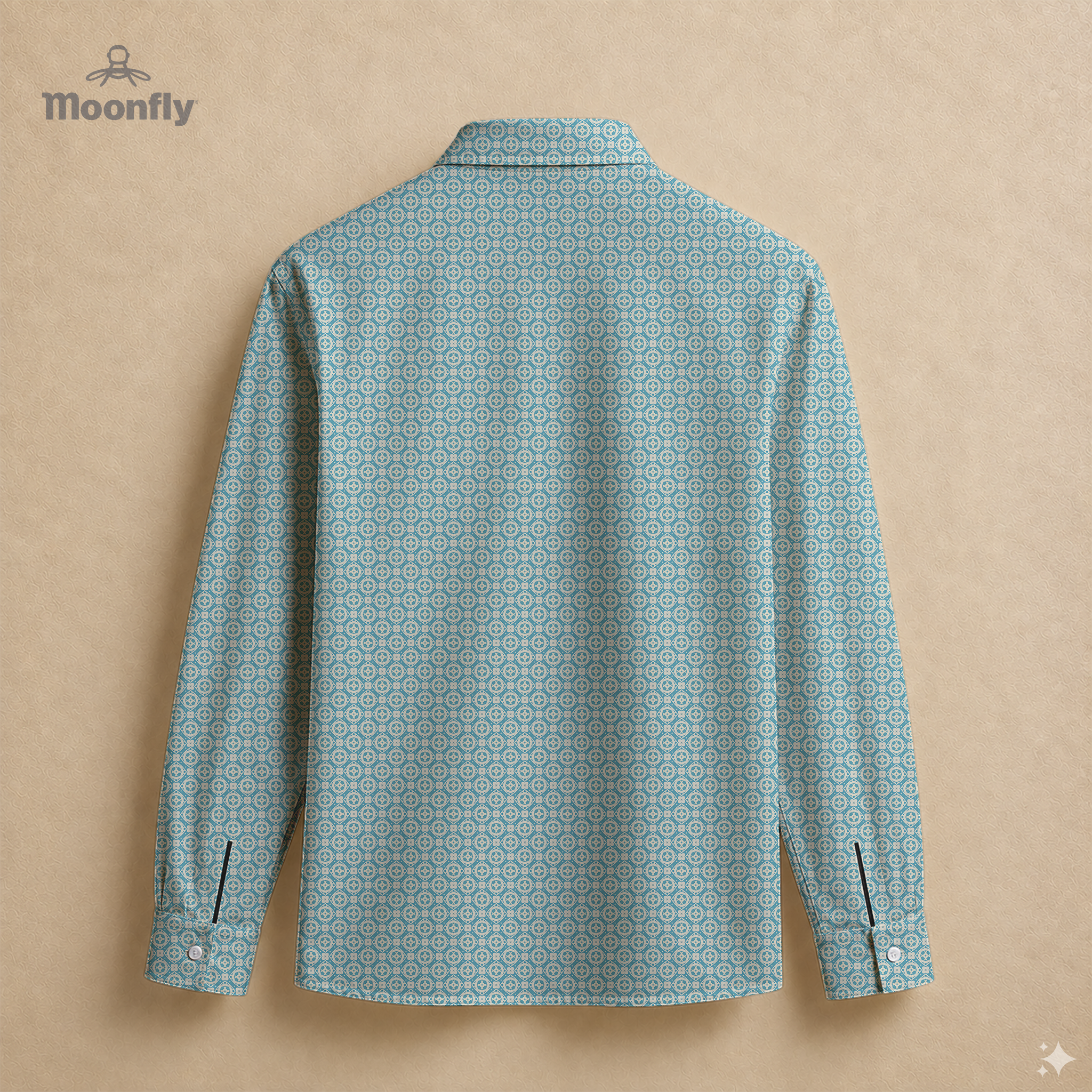Men’s geometric blue and cream cotton long sleeve button-down back shirt.