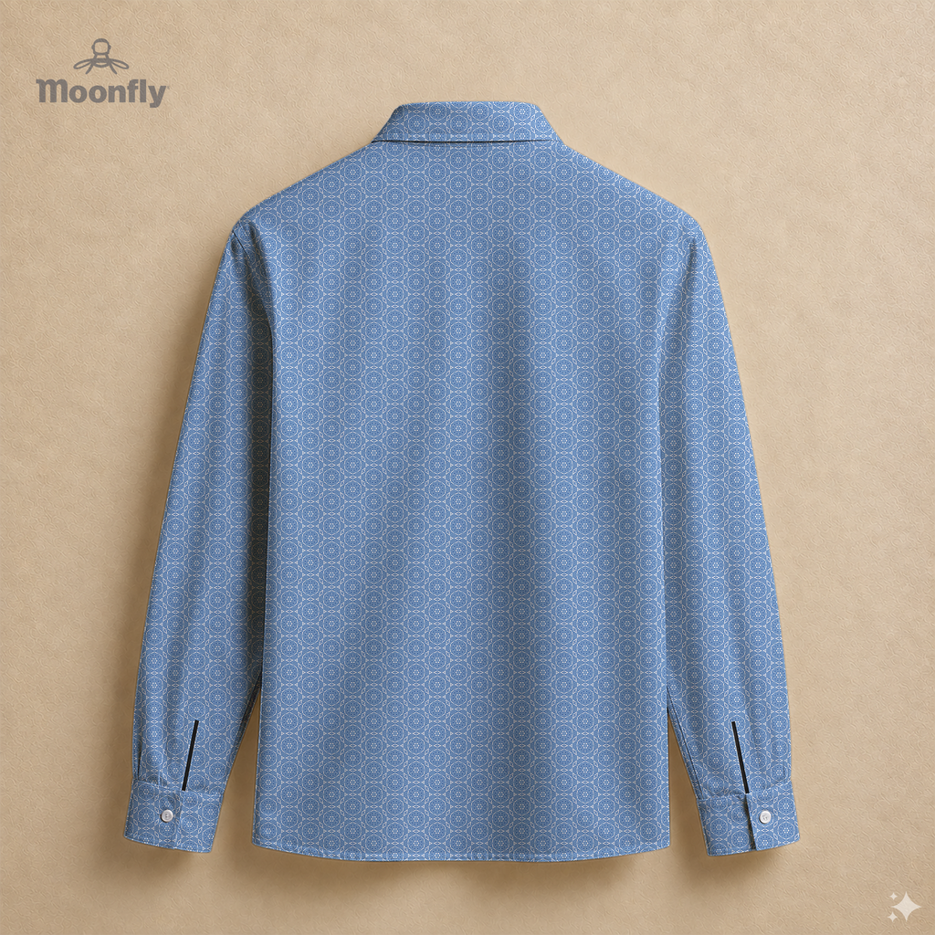 Men’s geometric blue and white cotton long sleeve button-down back shirt.