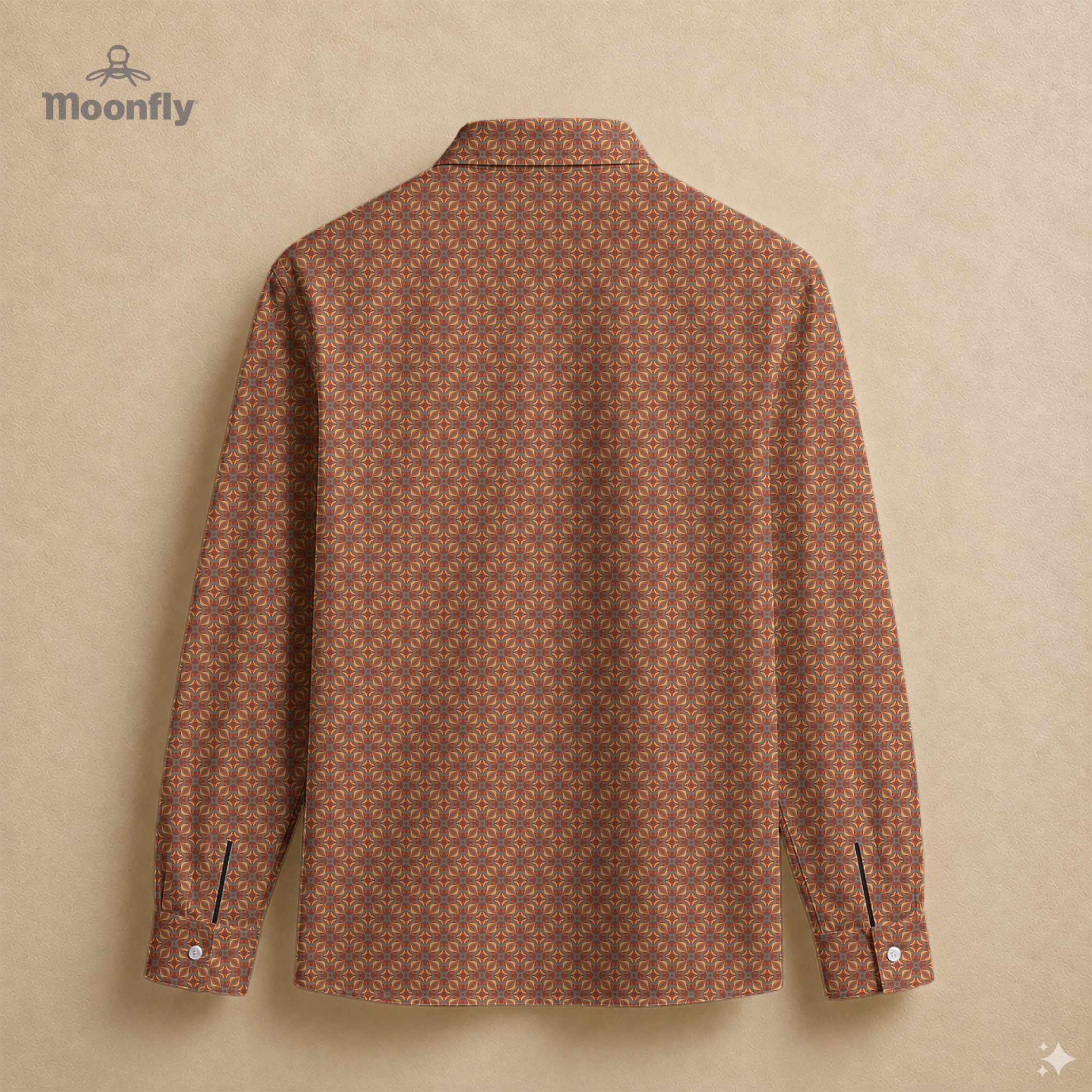 Men’s geometric gray, orange, yellow and dark red cotton long sleeve button-down back shirt.