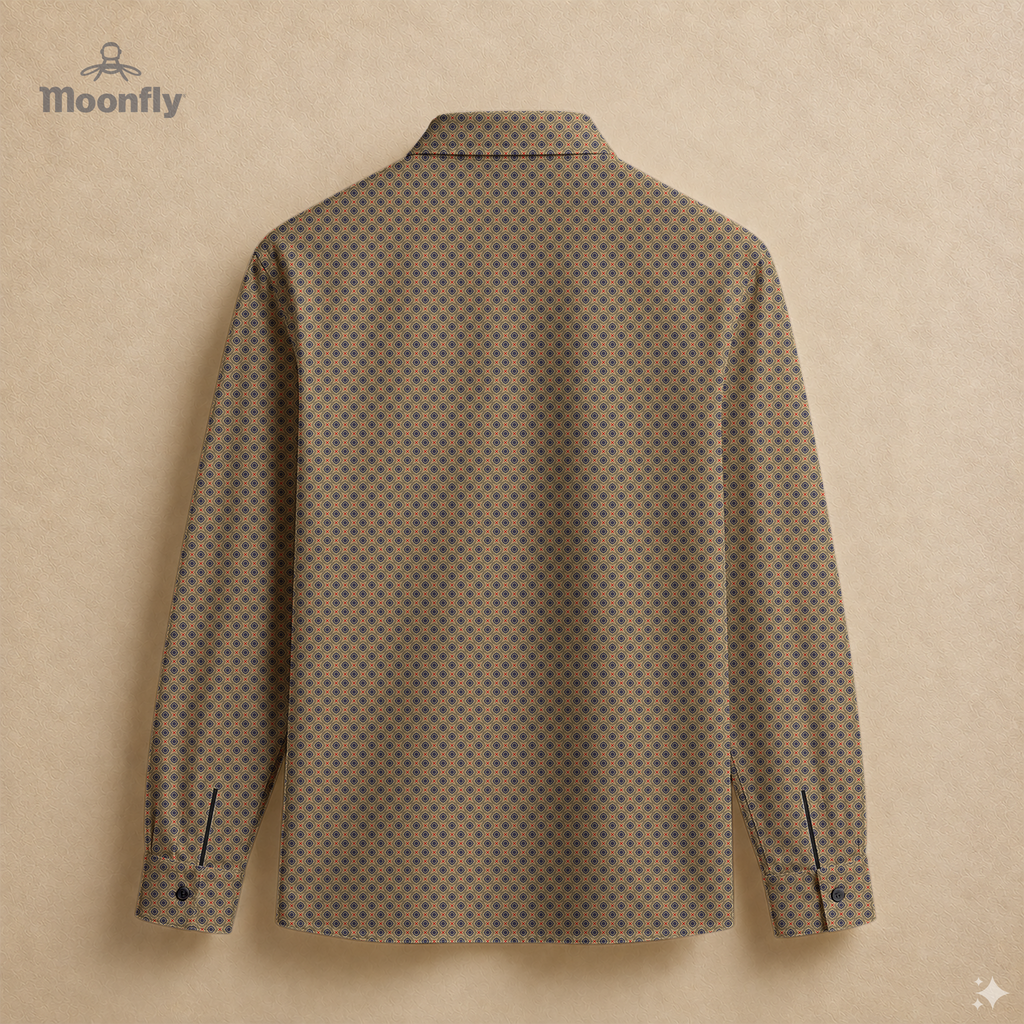 Men’s geometric black, light yellow, blue and dark red cotton long sleeve button-down back shirt.