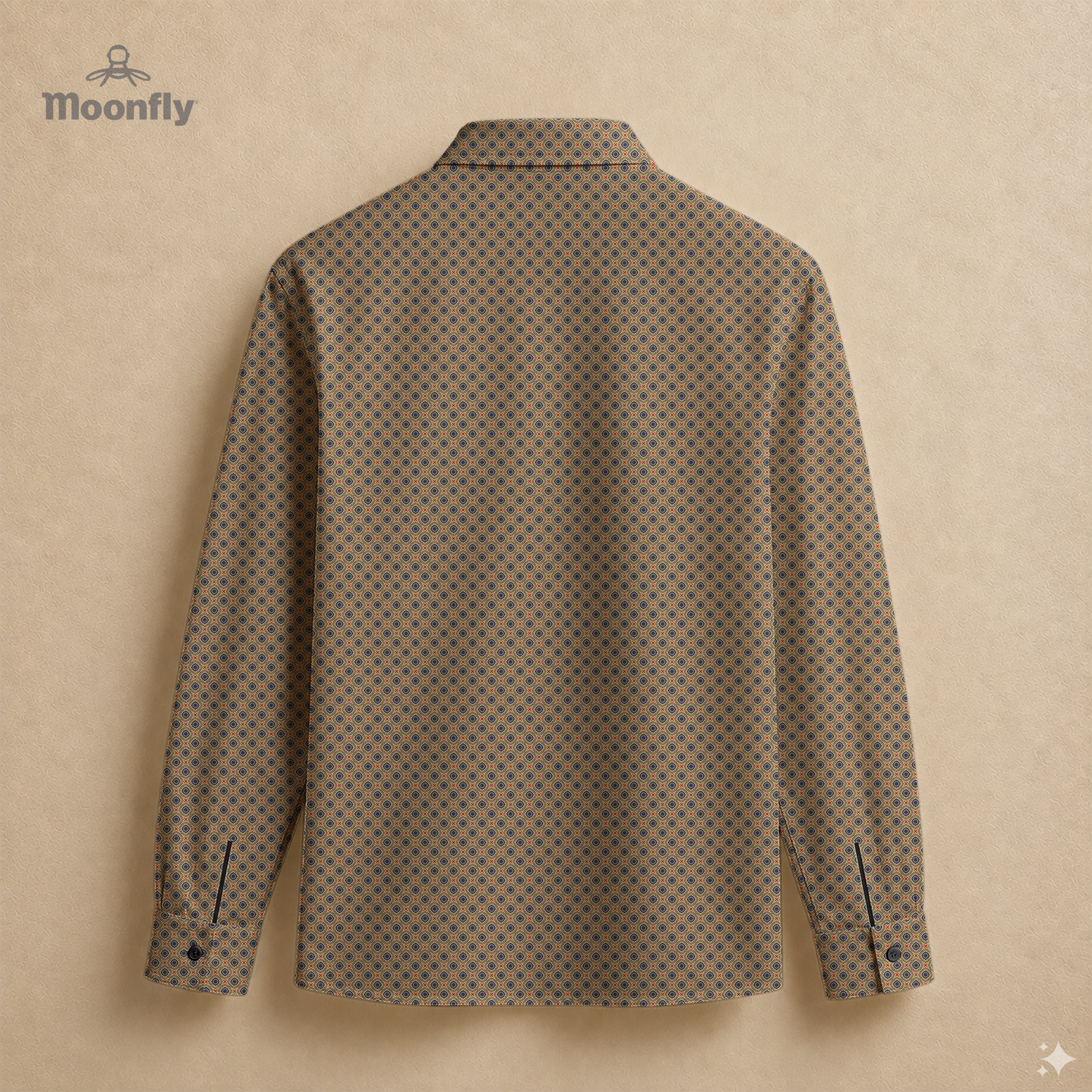 Men’s geometric black, light yellow, blue and dark red cotton long sleeve button-down back shirt.