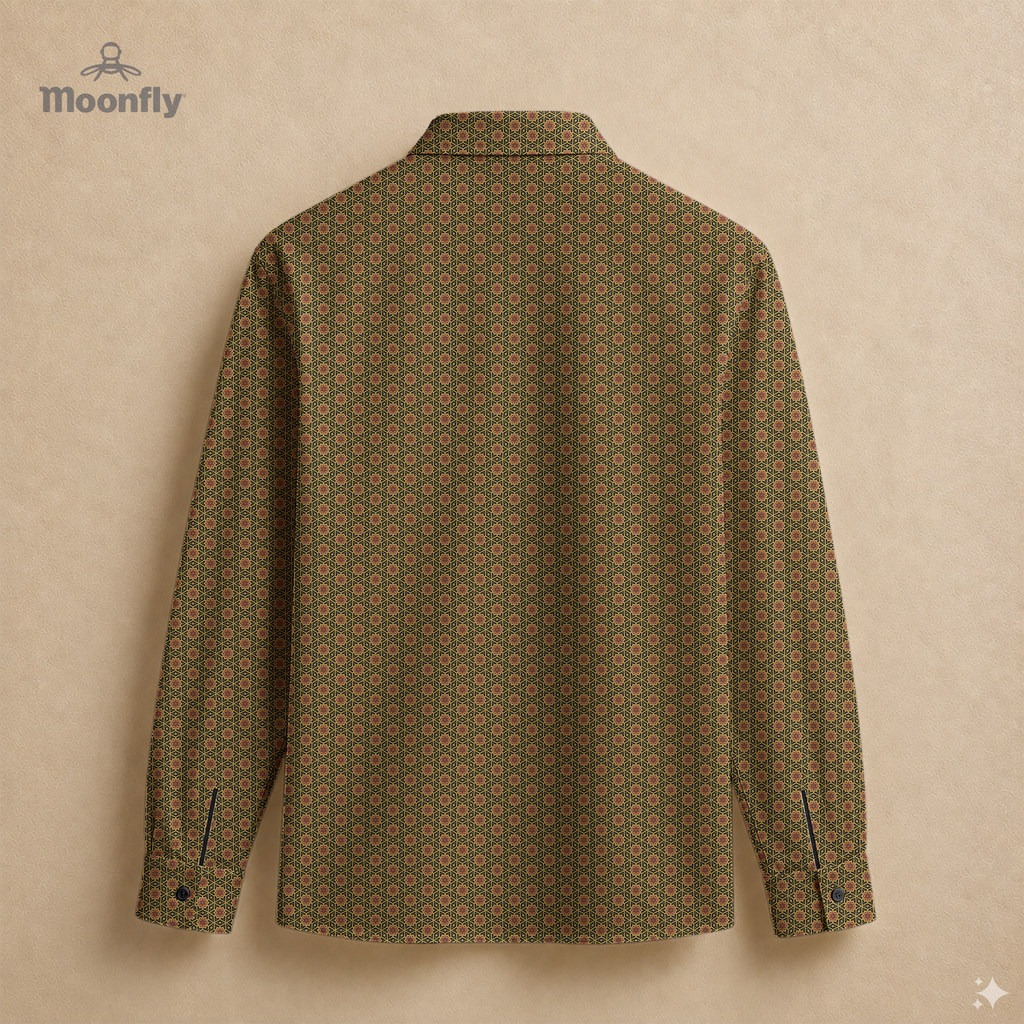  Men’s geometric black, yellow and brown cotton long sleeve button-down back shirt. 