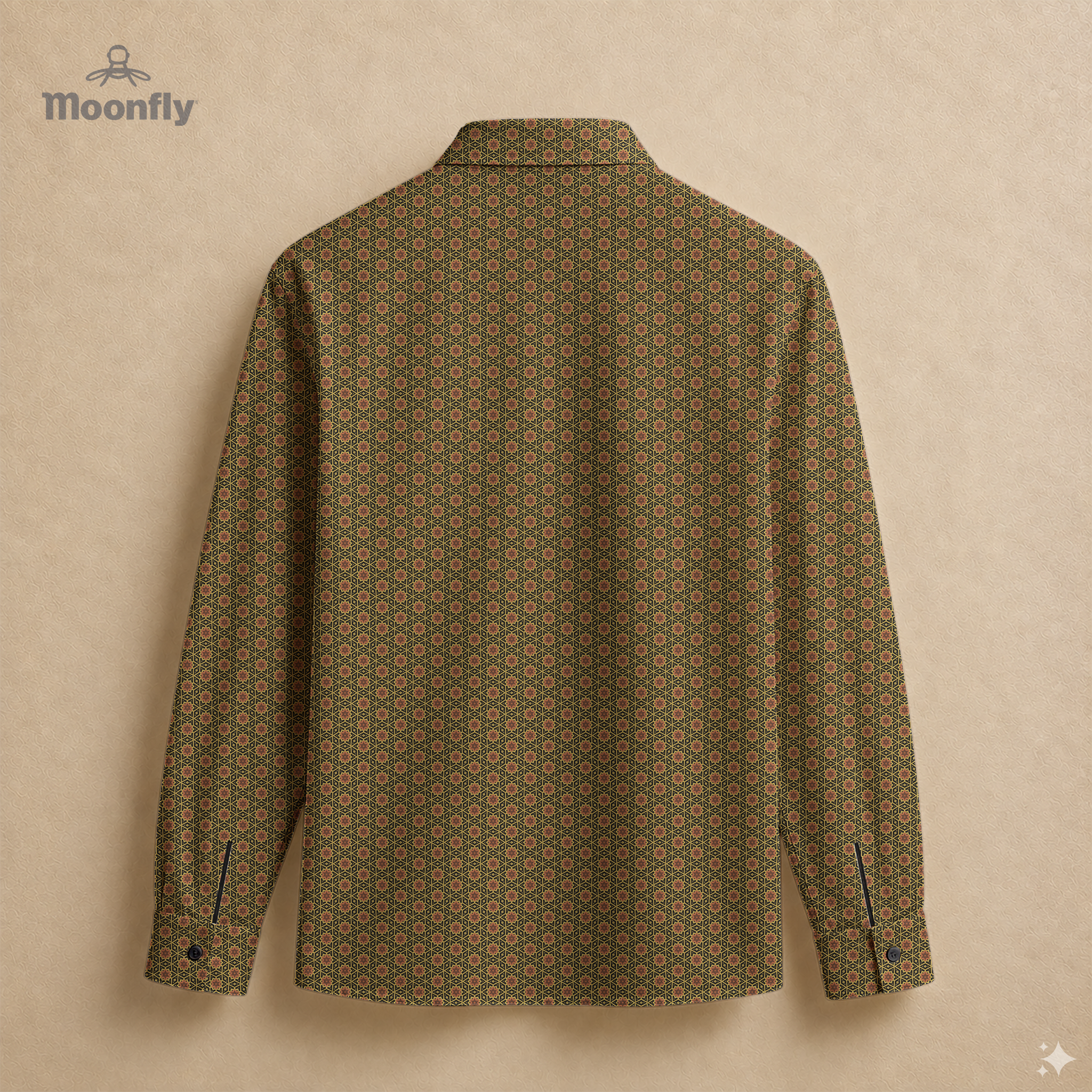  Men’s geometric black, yellow and brown cotton long sleeve button-down back shirt. 