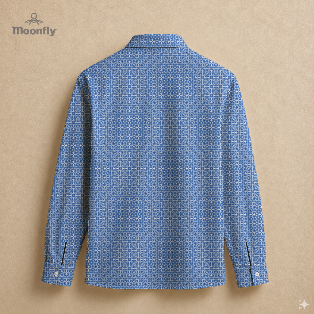 Men’s geometric blue and white cotton long sleeve button-down back shirt.