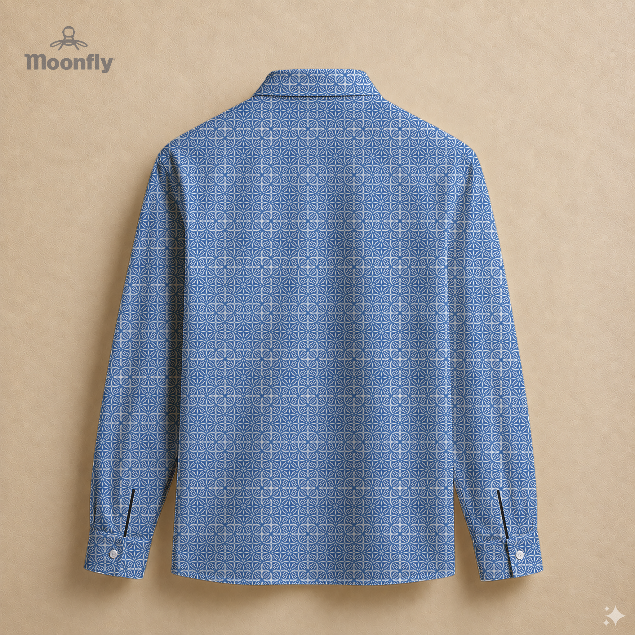 Men’s geometric blue and white cotton long sleeve button-down back shirt.