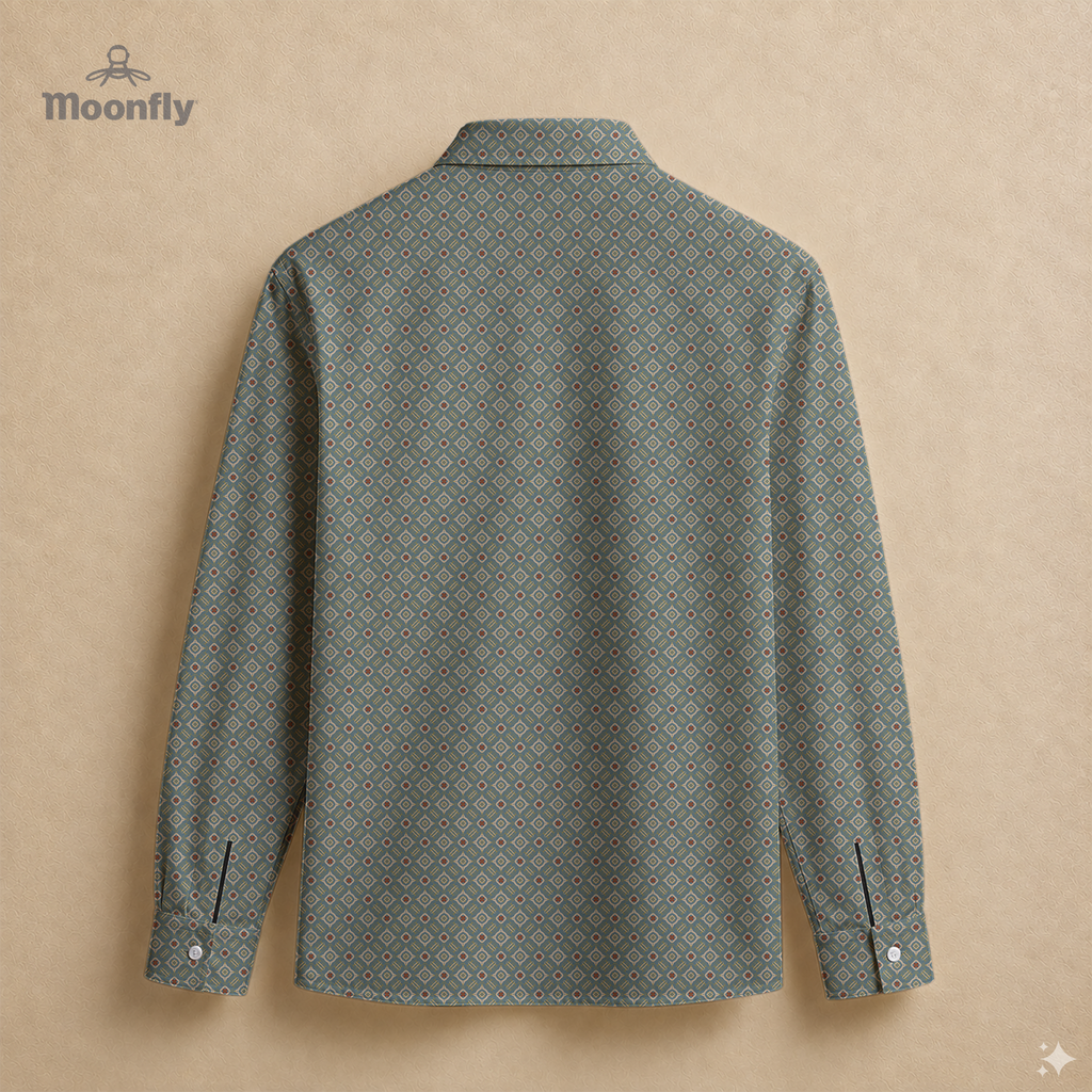 Men’s geometric blue, cream, yellow and red cotton long sleeve button-down back shirt.