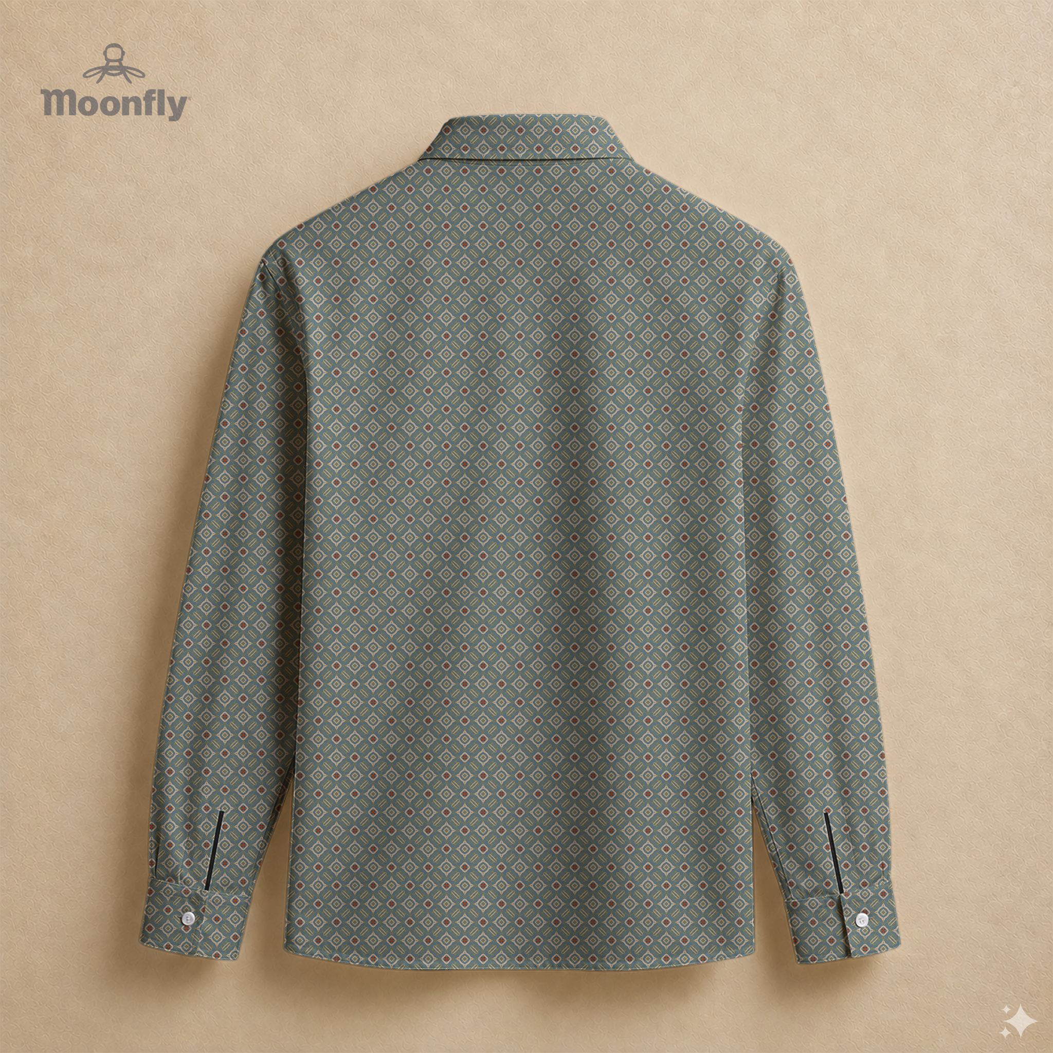 Men’s geometric blue, cream, yellow and red cotton long sleeve button-down back shirt.